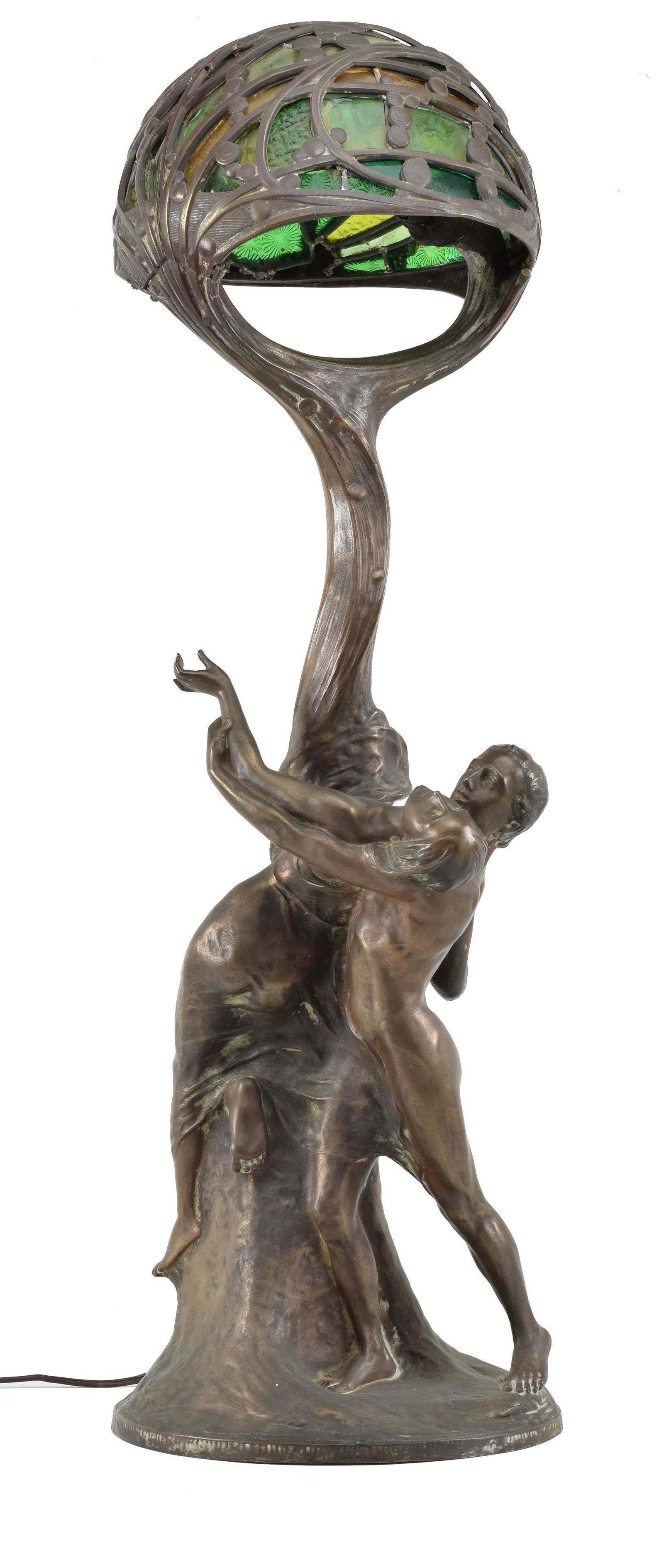 Peter Tereszczuk. Art Nouveau bronze naturalistic table lamp of intertwined figures with stained (1 of 7)