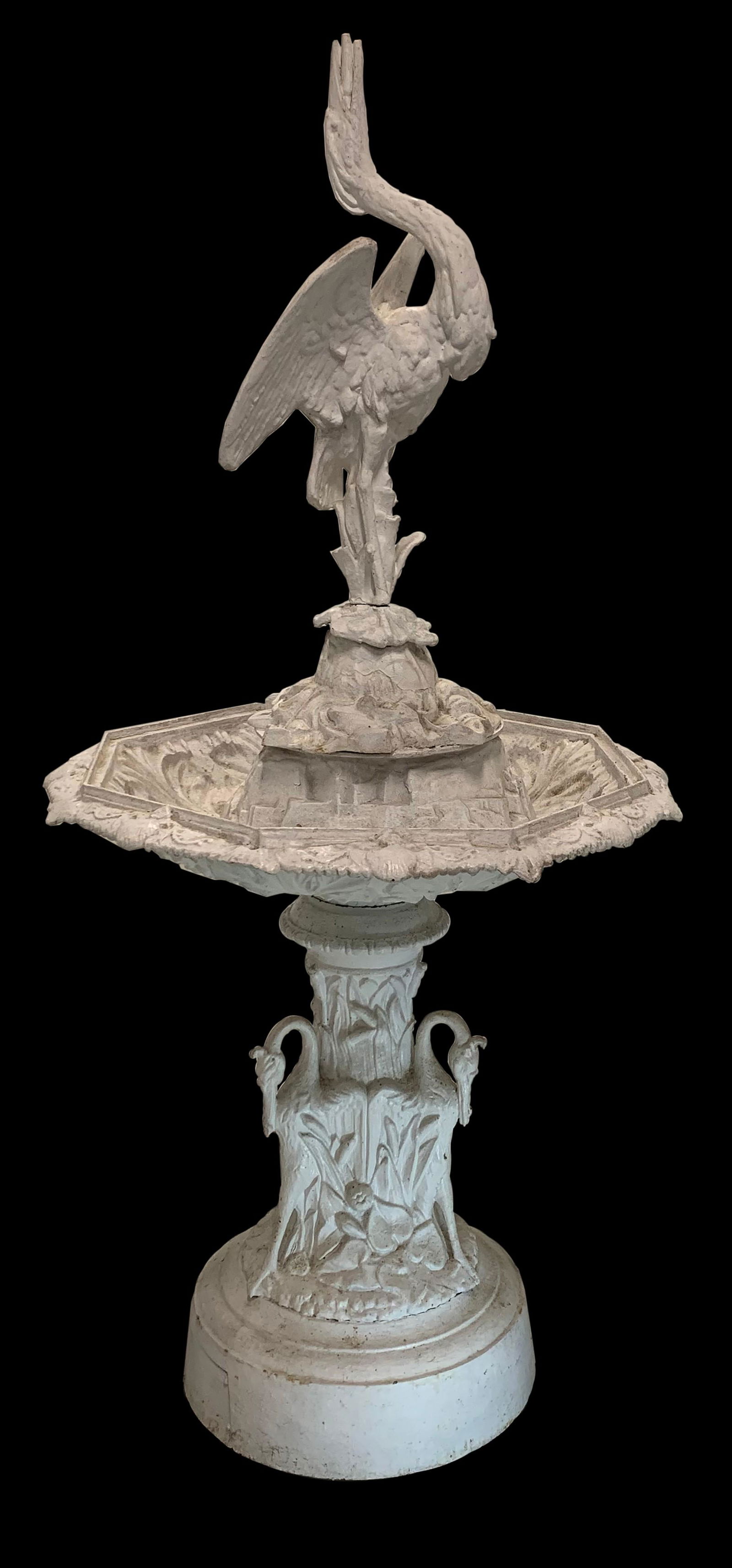 J.W. Fiske Iron Works fountain, Stork and one Basin, early 20th Century. Stork figure above a plinth (1 of 10)