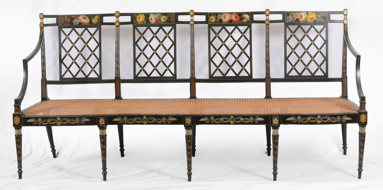 Sheraton paint decorated settee with lattice back splat, early 19th Century. Black painted with (1 of 11)