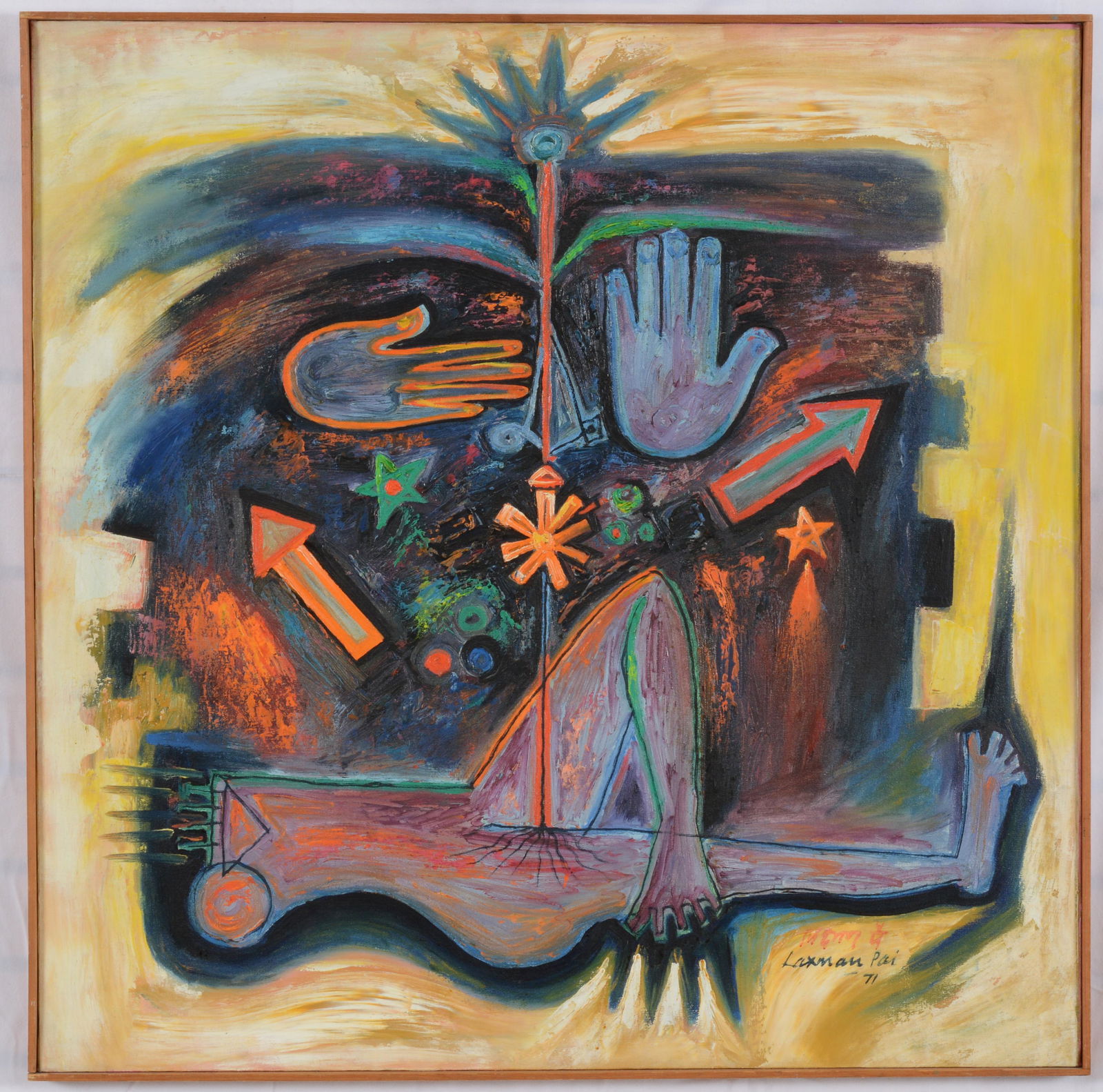 Laxman Pai. India/France. "Arrows". 1971. Surrealist scene of a figure with stars, arrows, and (1 of 7)