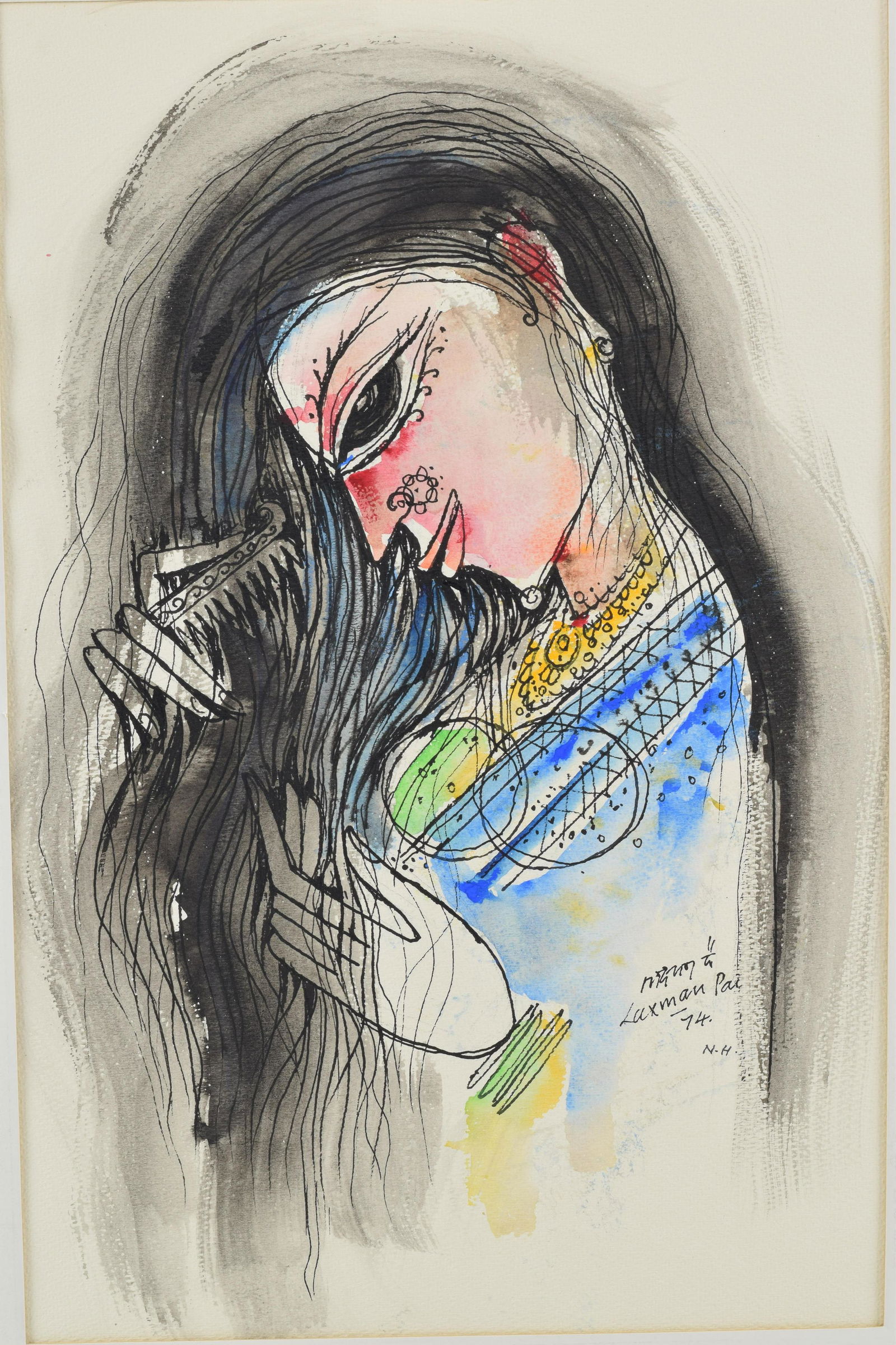 Laxman Pai. India/France. 1974. Watercolor painting of a woman brushing her hair. Watercolor and ink (1 of 4)