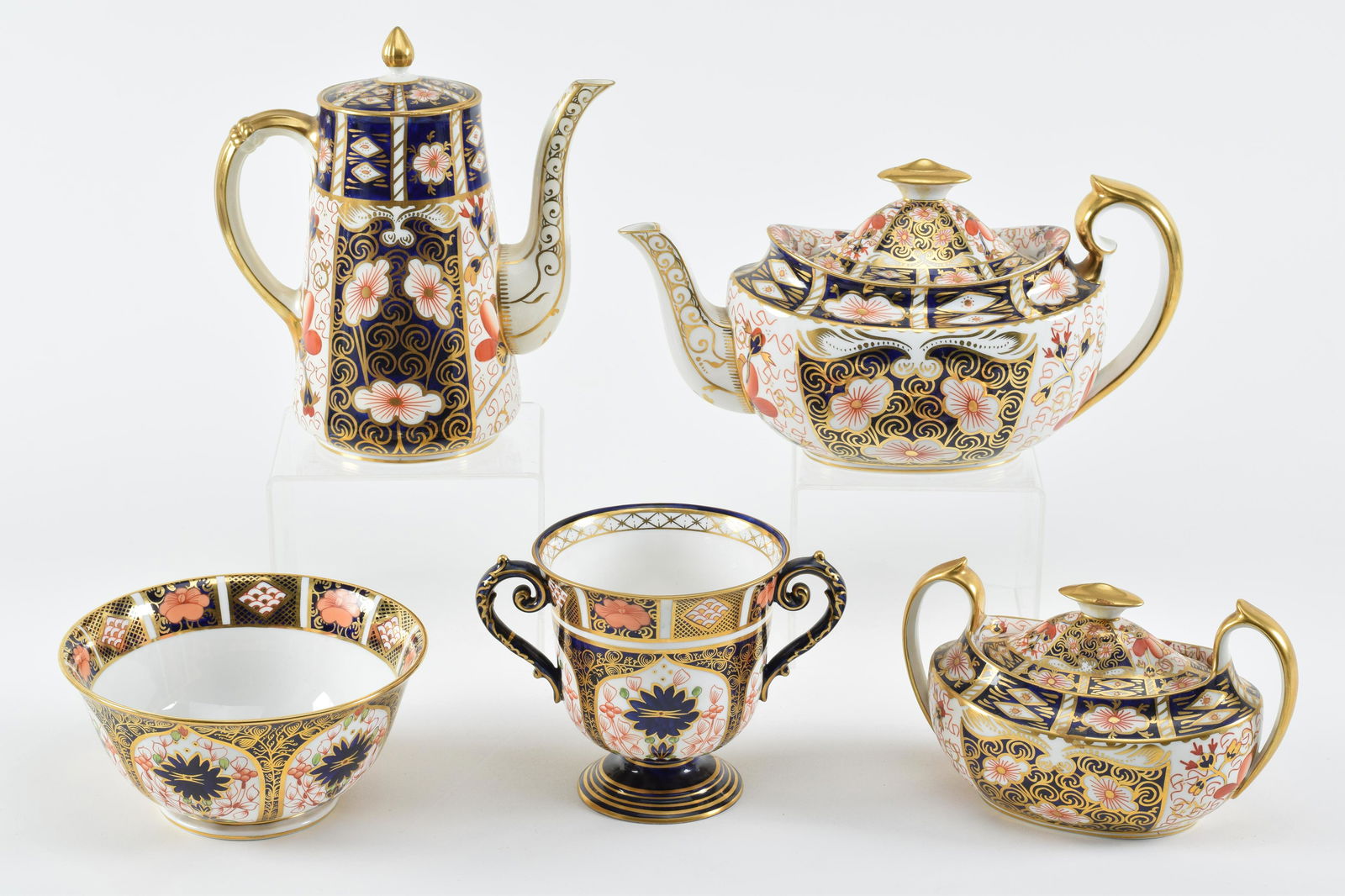 [5] Pieces of Royal Crown Derby Imari pattern service items. Including teapot, coffeepot, covered (1 of 9)