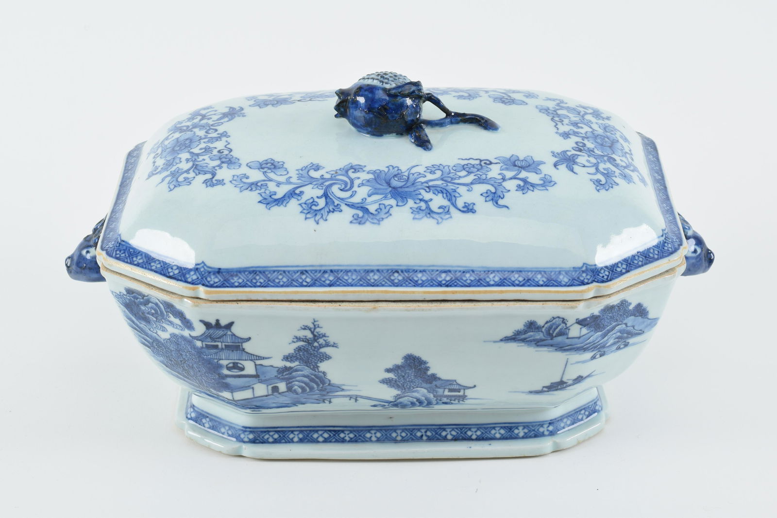 Chinese export Canton decorated porcelain covered vegetable, 19th Century. Boar's head handles and (1 of 7)