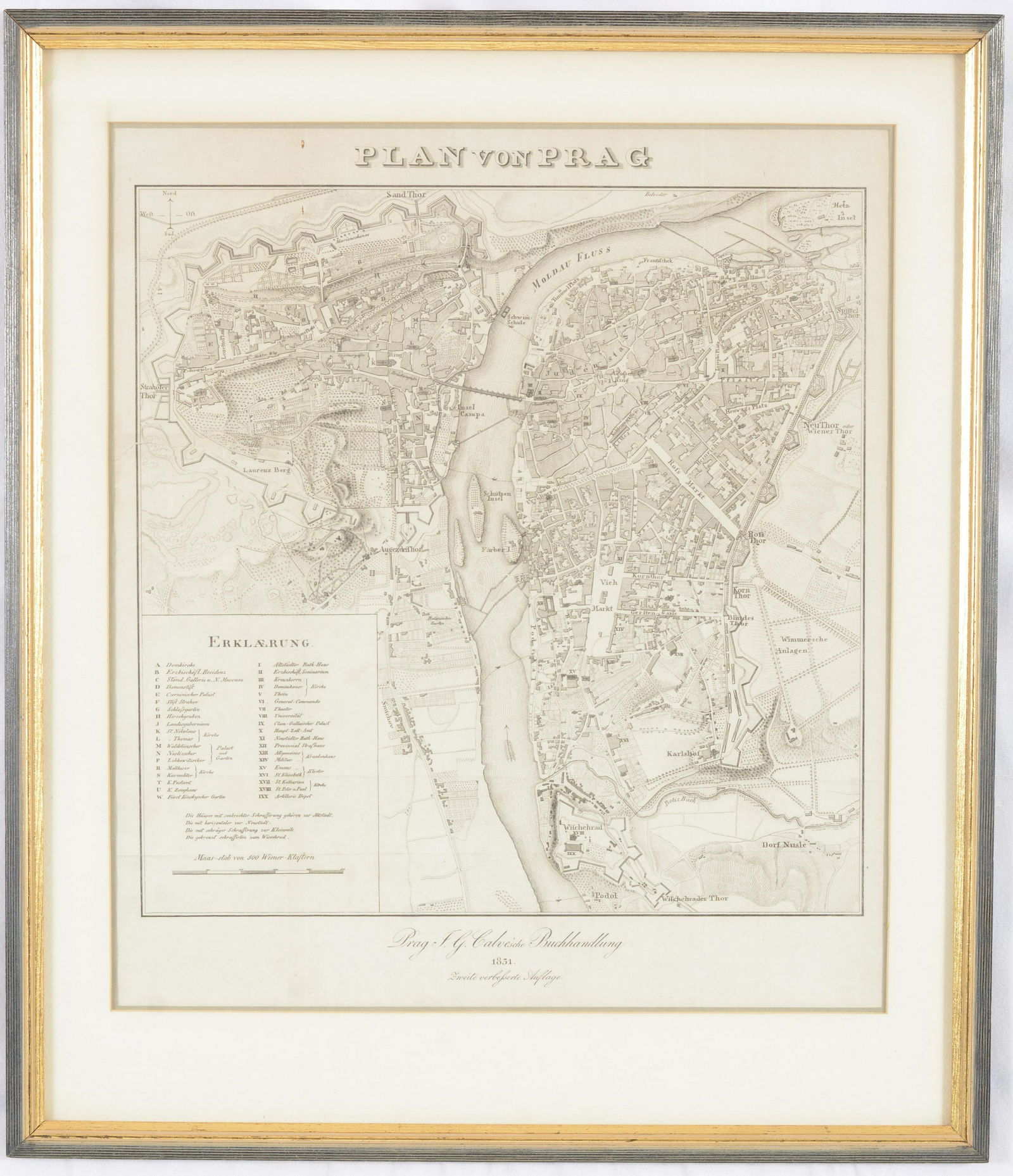 1831 German engraved map of Prague showing old fortifications, old city, and bridge over the Moldau (1 of 4)