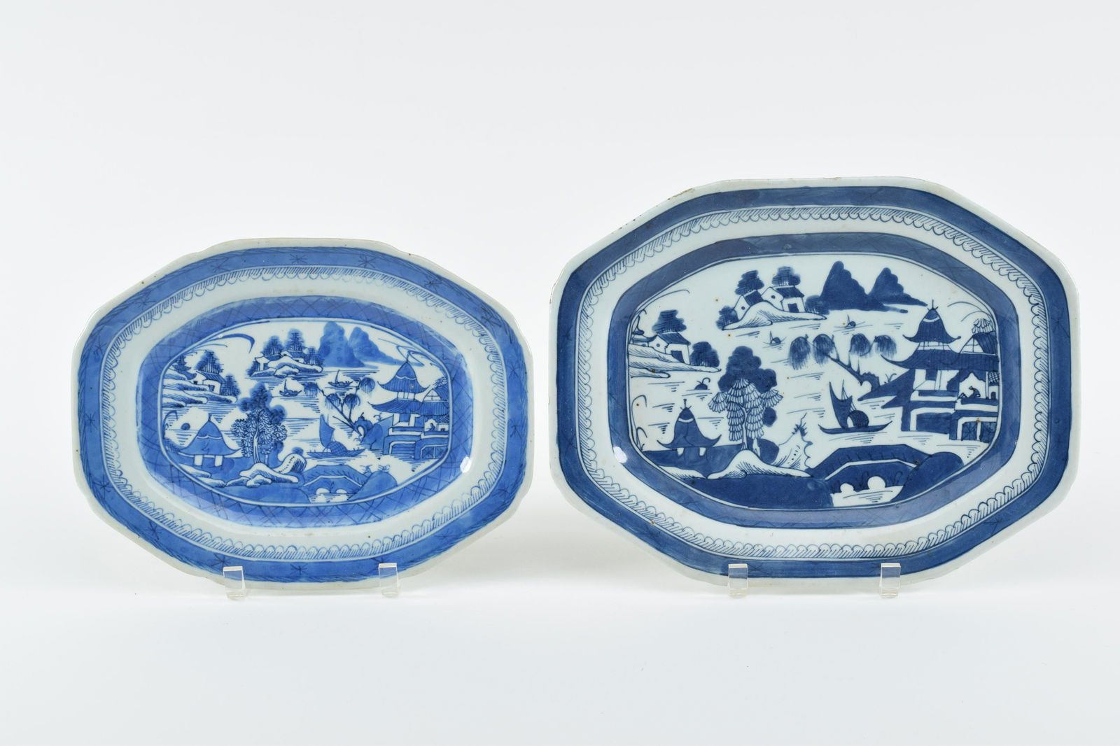 [2] Chinese export Canton decorated long octagonal platters, 19th Century. Largest length 13.5in (1 of 5)