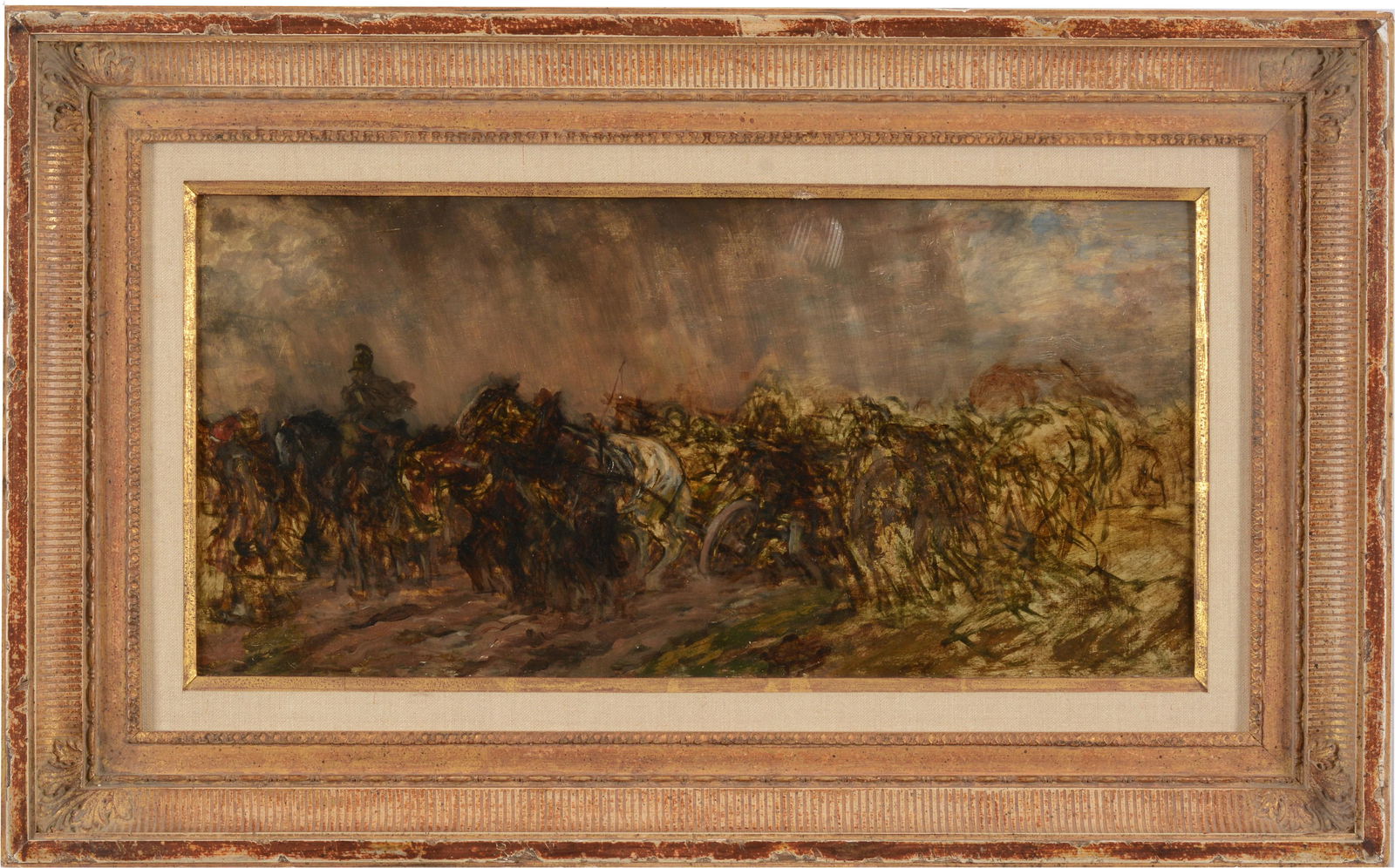 19th century French school battle scene study of Napoleonic soldiers and artillery marching on (1 of 7)