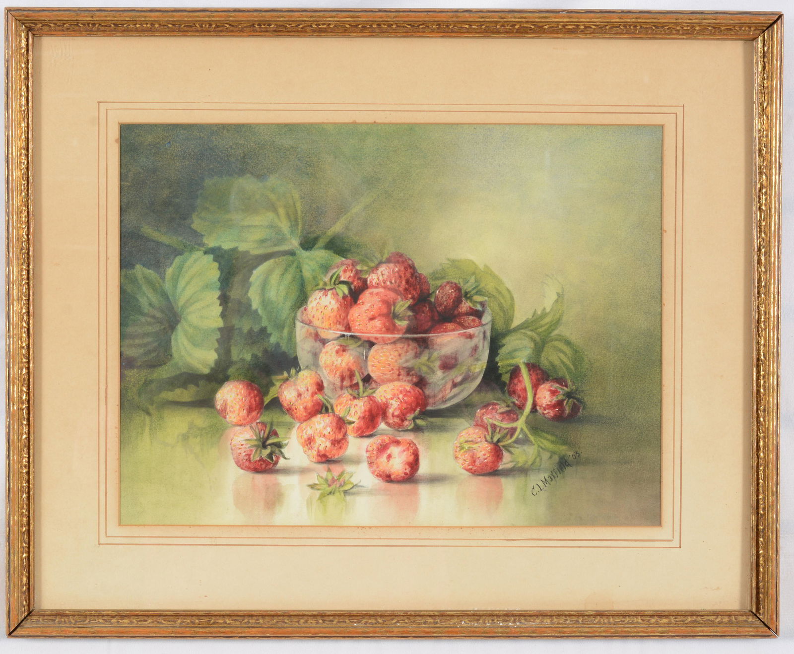 Clara Maxfield. Watercolor still life painting. Bowl of strawberries on a table. Signed lower right: Clara Maxfield. Watercolor still life painting. Bowl of strawberries on a table. Signed lower right and dated '03. Framed under glass. Sight: 11 x 14.75in. Overall: 17 x 21in.