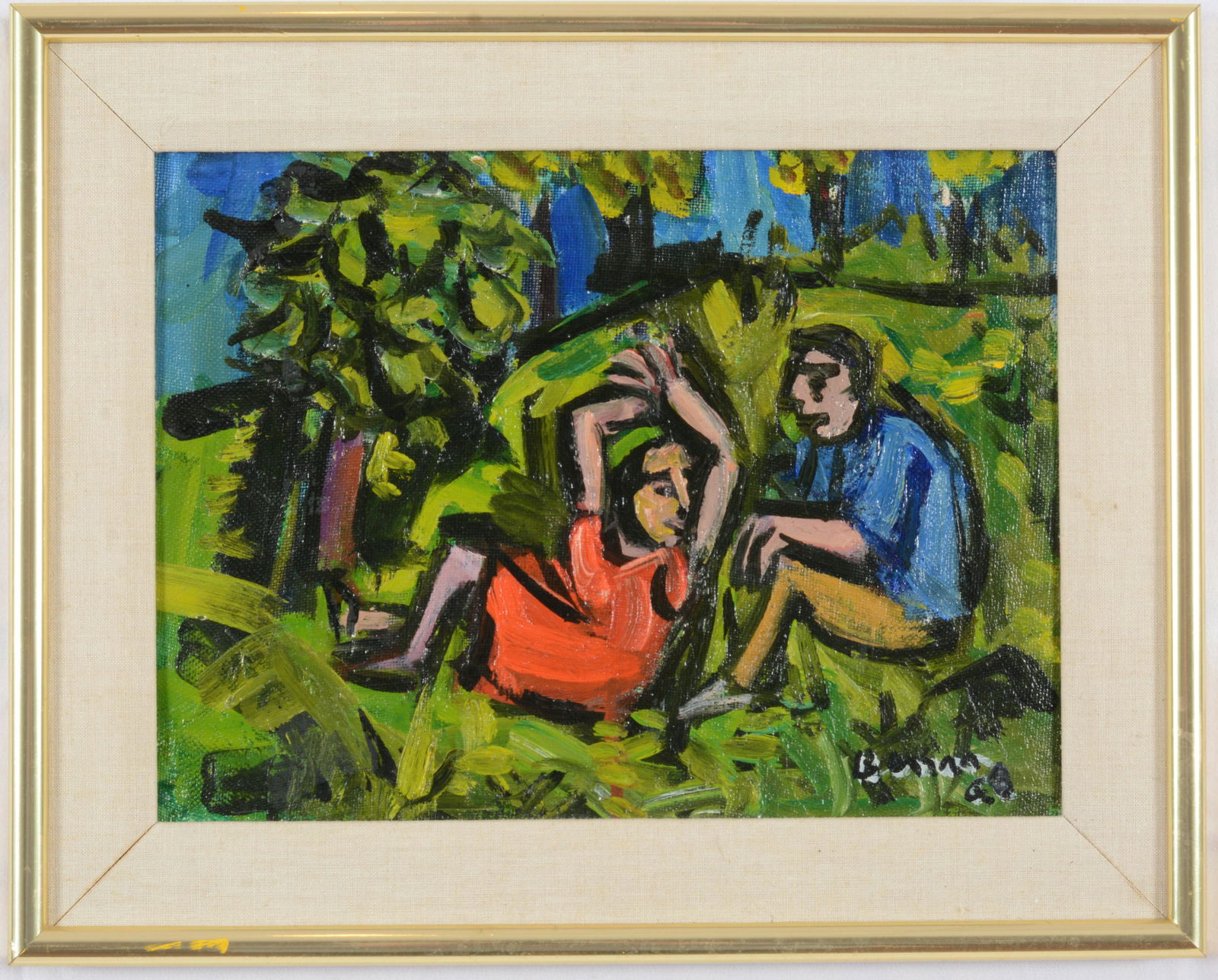 Ben Benn. "In Central Park". 1968. Modernist painting of figures relaxing in the park. Signed and: Ben Benn. "In Central Park". 1968. Modernist painting of figures relaxing in the park. Signed and dated lower right. Titled on reverse. Oil on board. Framed. Sight: 9 x 12in. Overall: 12 x 15in.