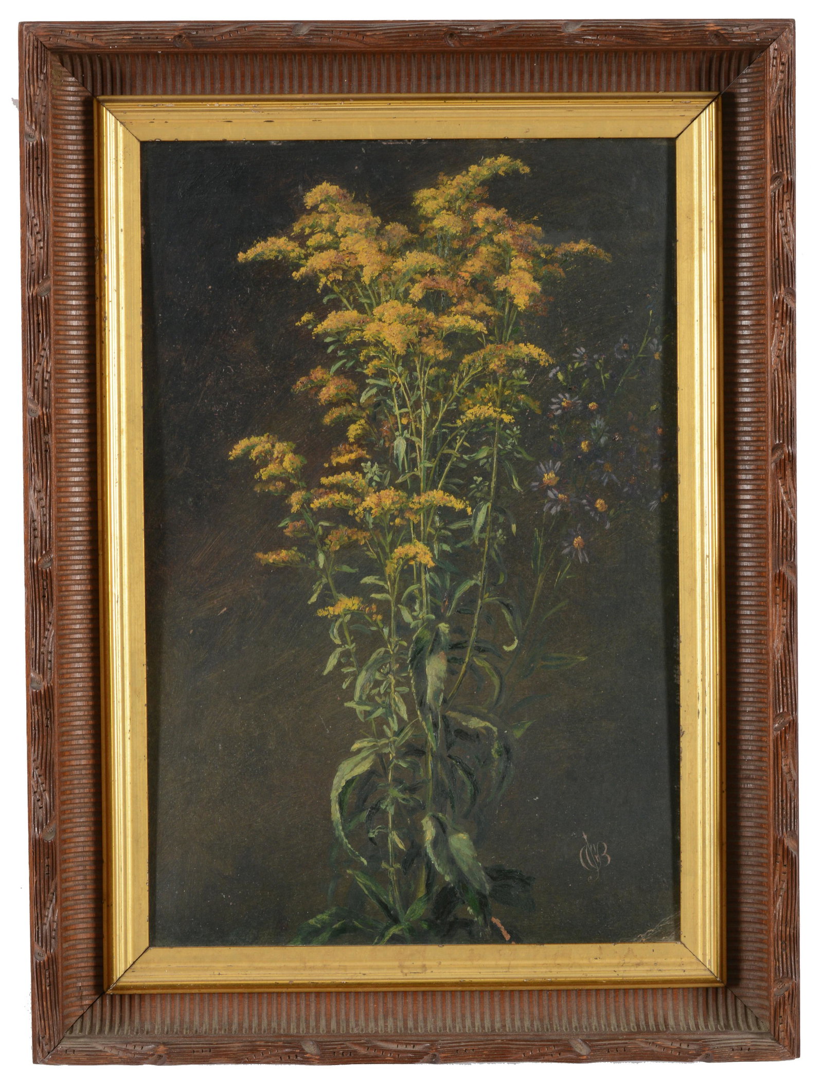 19th century American School Victorian aesthetic floral still life on board. Monogrammed lower: 19th century American School Victorian aesthetic floral still life on board. Monogrammed lower right. Carved walnut frame. Sight: 18.5 x 12.5in. Overall: 23.5 x 17.5in.