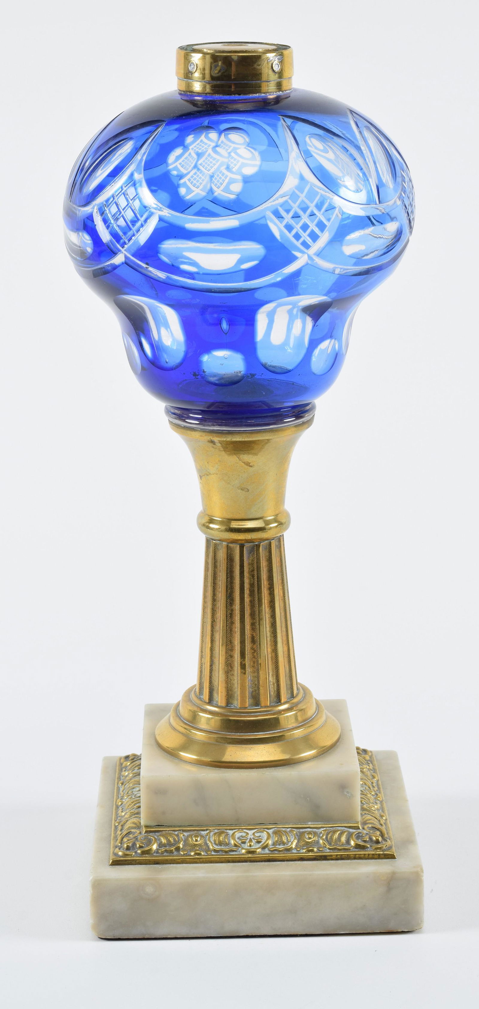 Cobalt cut to clear overlay lamp oil lamp with brass column and marble base. No burner. Height 14 in (1 of 7)