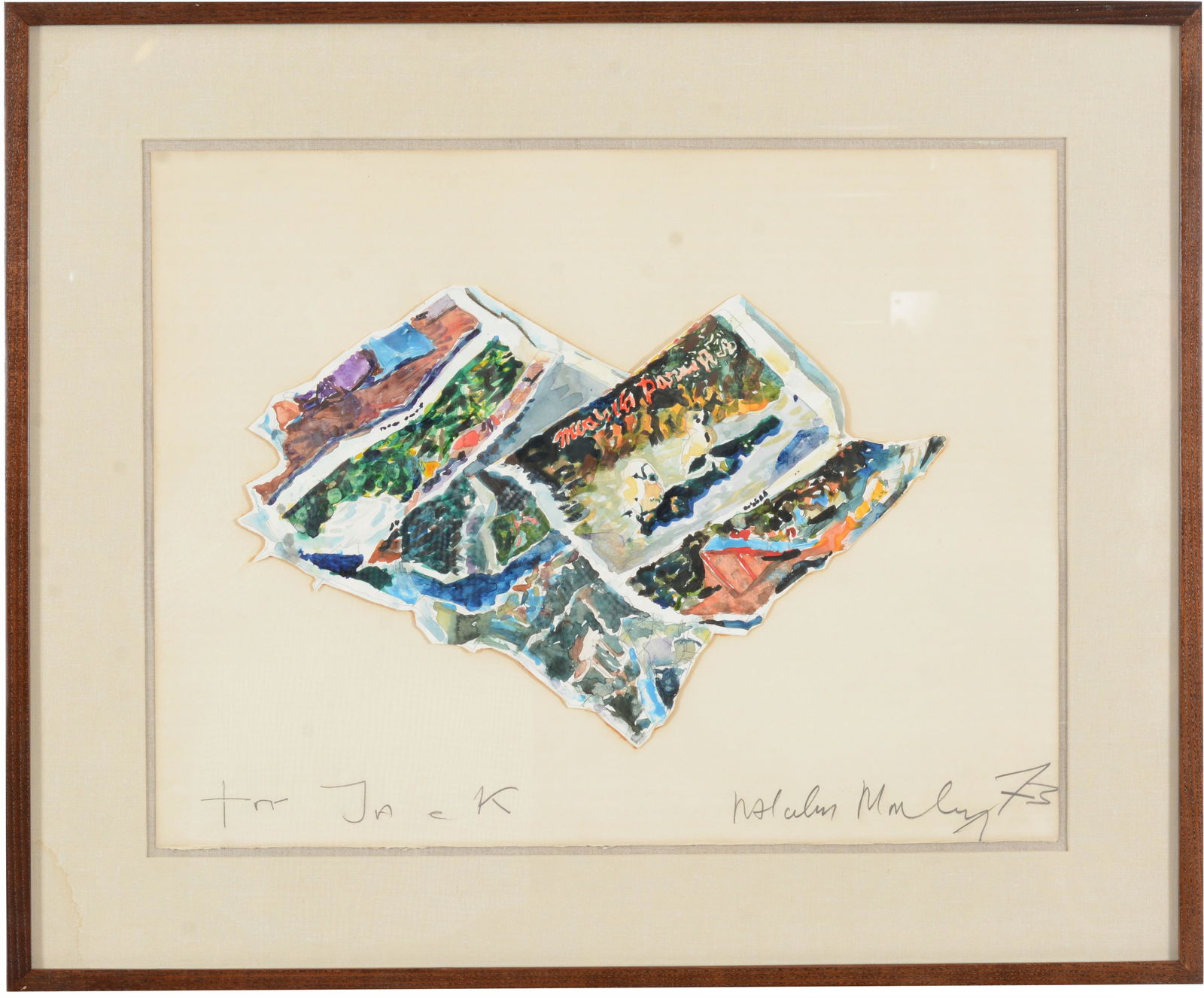 Malcolm Morley. American/English. 1973. Original abstract watercolor painting cut out and applied to: Malcolm Morley. American/English. 1973. Original abstract watercolor painting cut out and applied to the backing paper sheet. "For Jack". Signed lower right and dated. Includes a photo of the artist w