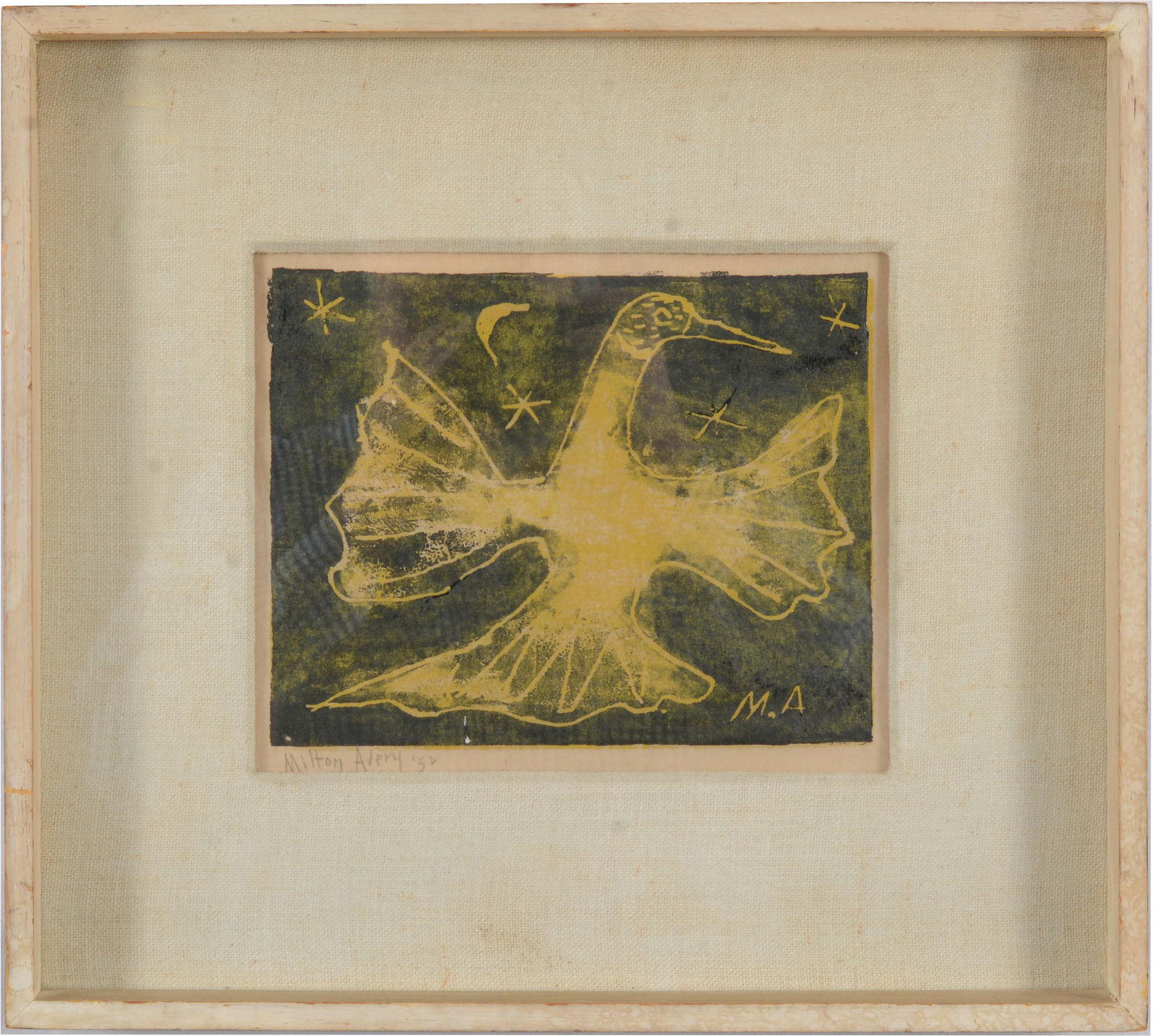 Milton Avery. "Dancing Fantail Pigeon". Original woodcut. 1952. Signed below image in graphite and (1 of 7)