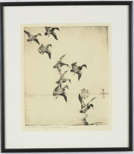 Frank Benson. Etching of ducks landing on the water's surface. Pencil signed, dedicated, and dated: Frank Benson. Etching of ducks landing on the water's surface. Pencil signed, dedicated, and dated 1930 lower left margin. Framed under glass. Plate: 13.75 x 11.75in. Overall: 21 x 18.5in.