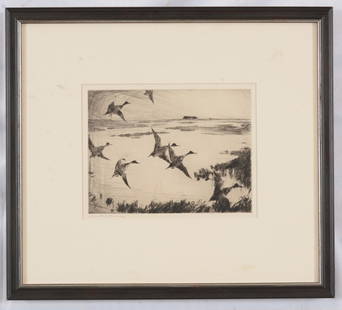 Frank Benson. Etching of ducks taking off in a marsh landscape. Pencil signed lower left margin.: Frank Benson. Etching of ducks taking off in a marsh landscape. Pencil signed lower left margin. Framed under glass. Plate: 6 x 8in. Overall: 14 x 15.5in.