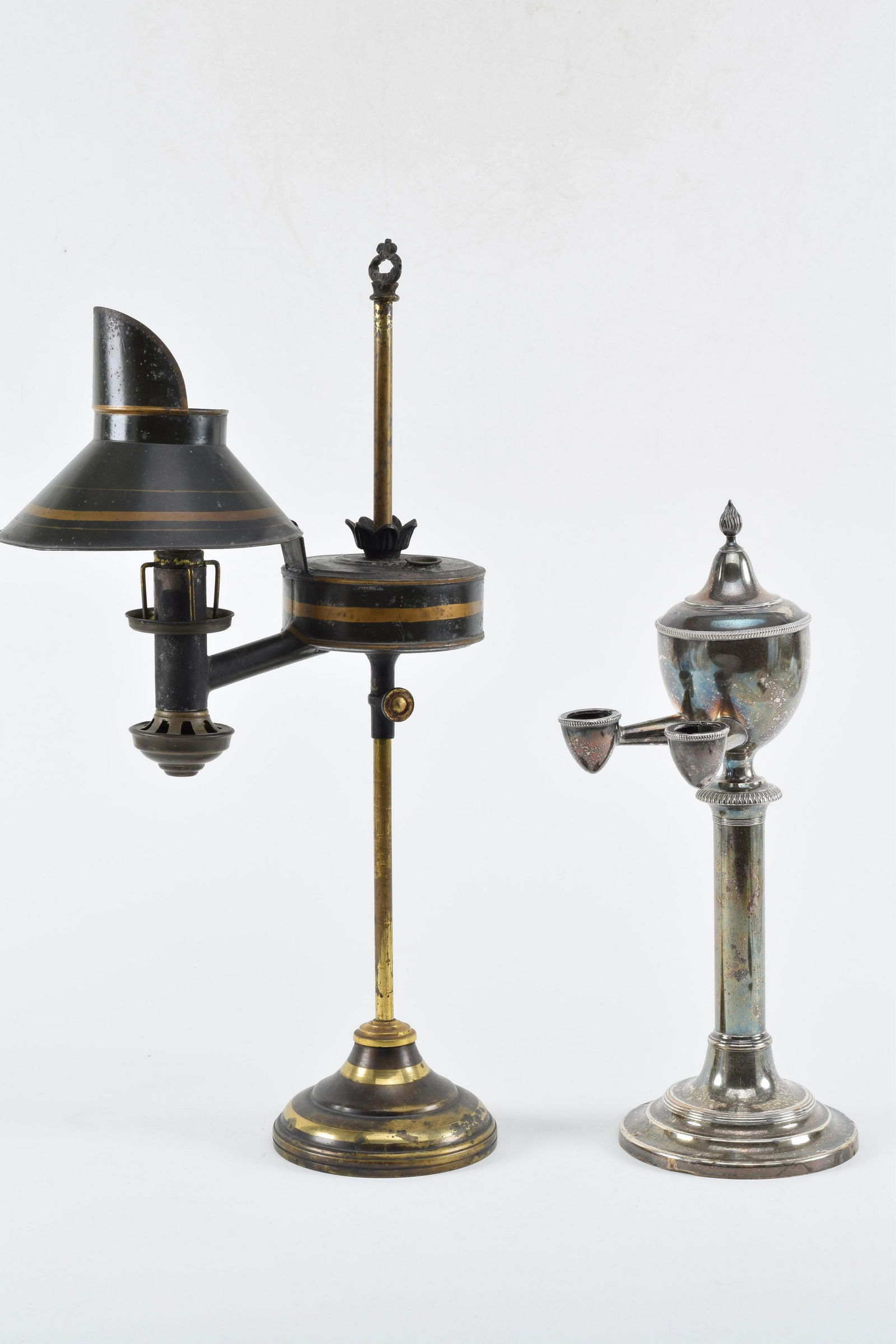 2 19th Century lamps. A Toleware decorated student lamp and a Sheffield plated Argand lamp. The (1 of 6)