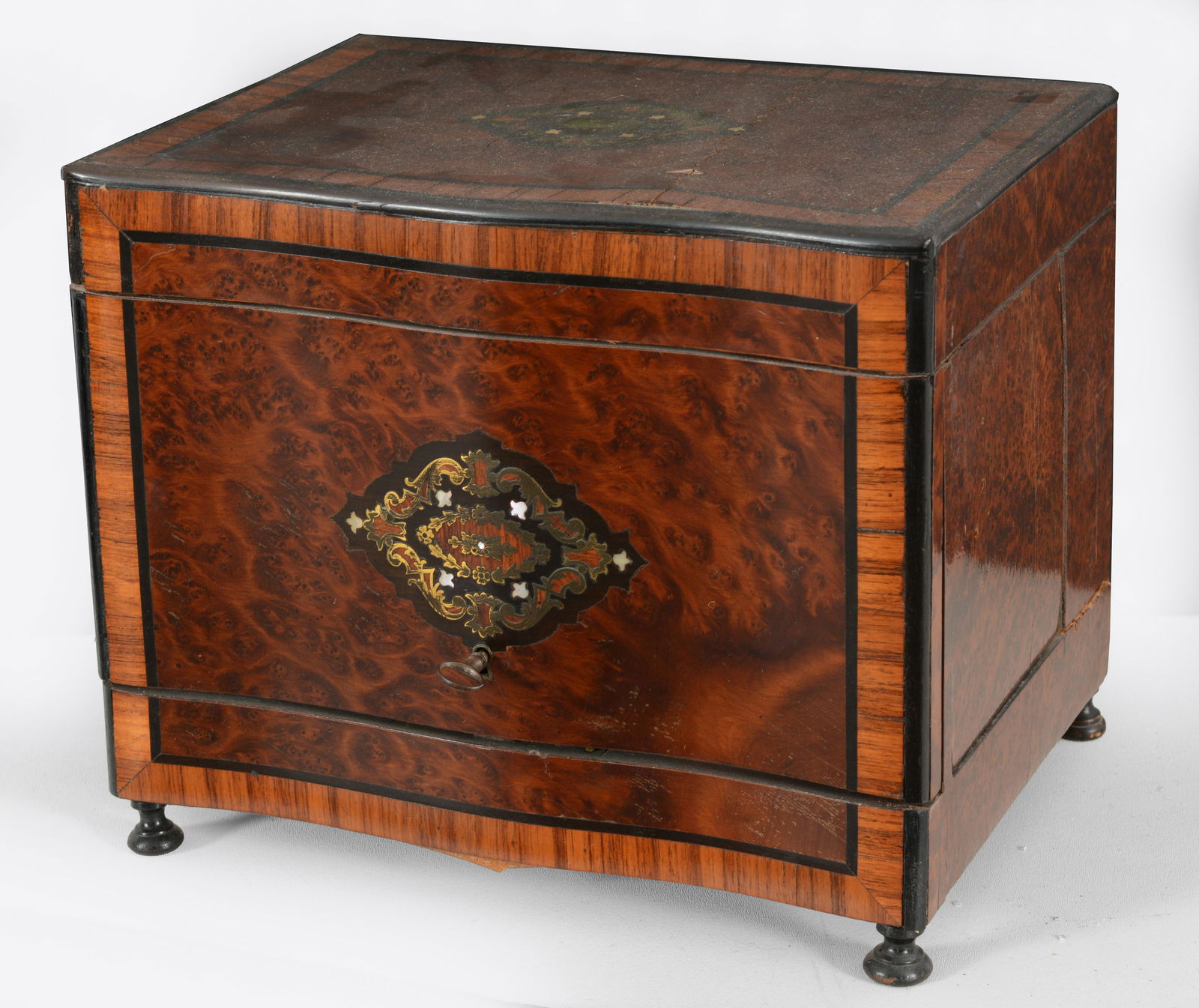 Dutch burl walnut and brass inlaid tantalus, 19th Century. Locking case opens to a pair of etched (1 of 10)