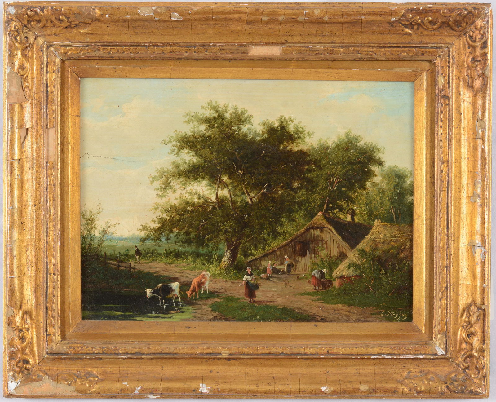 Mid 19th century Continental school village landscape with figures and cattle. Oil on board. Signed (1 of 3)