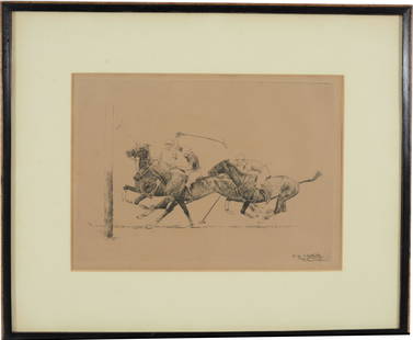 Paul Brown. Etching of polo players near a goal post. Signed and dedicated in ink lower right.: Paul Brown. Etching of polo players near a goal post. Signed and dedicated in ink lower right. Framed and matted under glass. Toning. Sight: 7.5 x 10.5in. Overall: 13 x 16in.