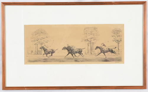 Paul Brown. Etching of polo players in a landscape. Signed in ink lower right. Framed and matted: Paul Brown. Etching of polo players in a landscape. Signed in ink lower right. Framed and matted under glass. Toning. Foxing to mat. Sight: 6.5 x 16.5in. Overall: 14.25 x 23.5in.