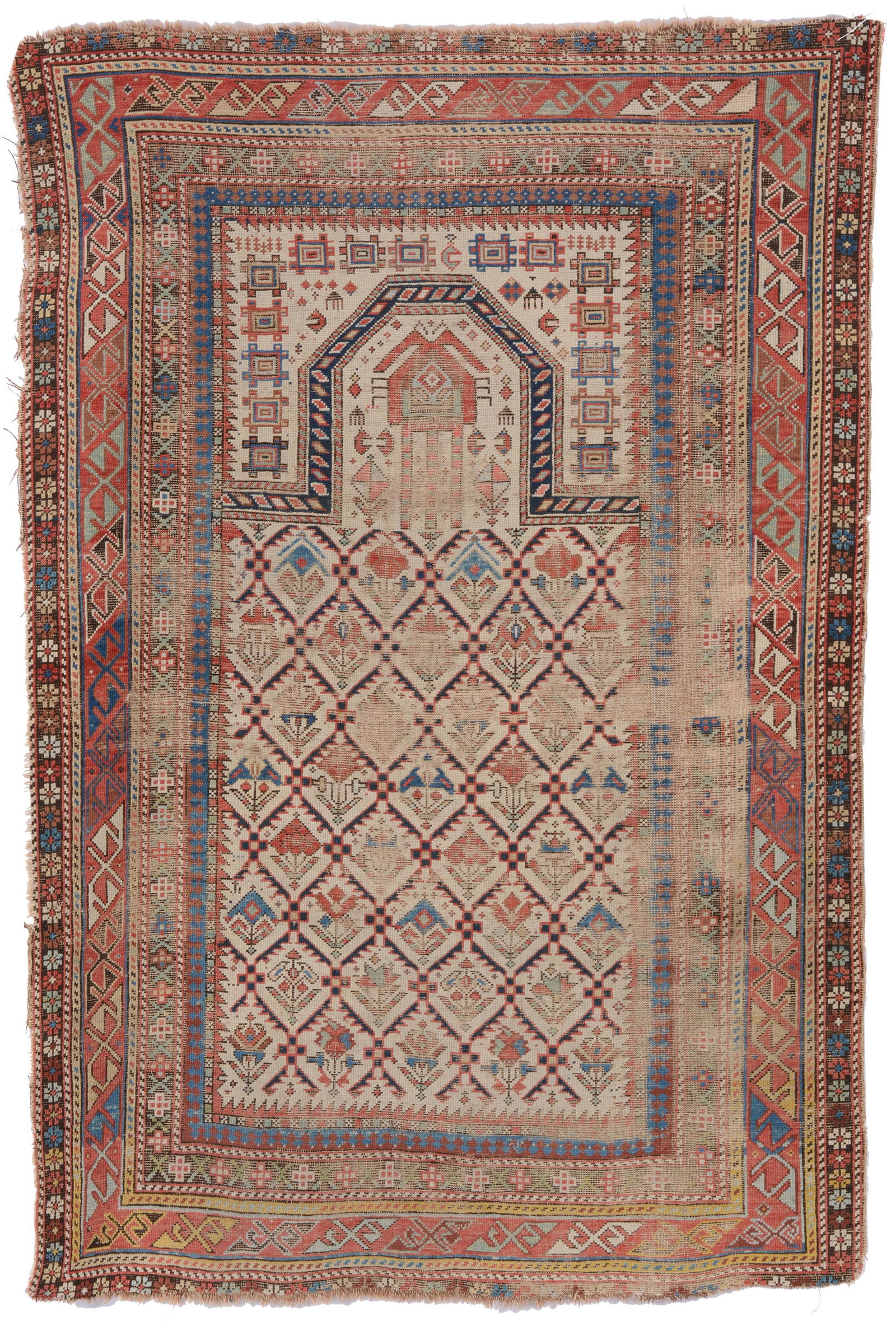 Antique Caucasian wool oriental prayer rug. 68 x 44.5in. Worn heavily in areas. (1 of 5)
