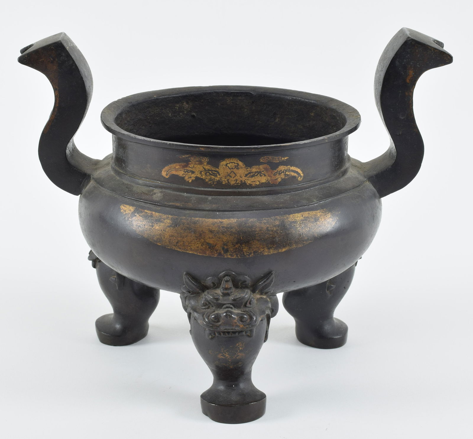 Bronze censer. China. 19th century or earlier. Partial gilt surface. "Heaven Soaring" handles. (1 of 11)