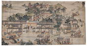 Hanging scroll. China. 18th/19th century. Ink and colors on paper. Domestic scene. Sight: 85 x 45in.