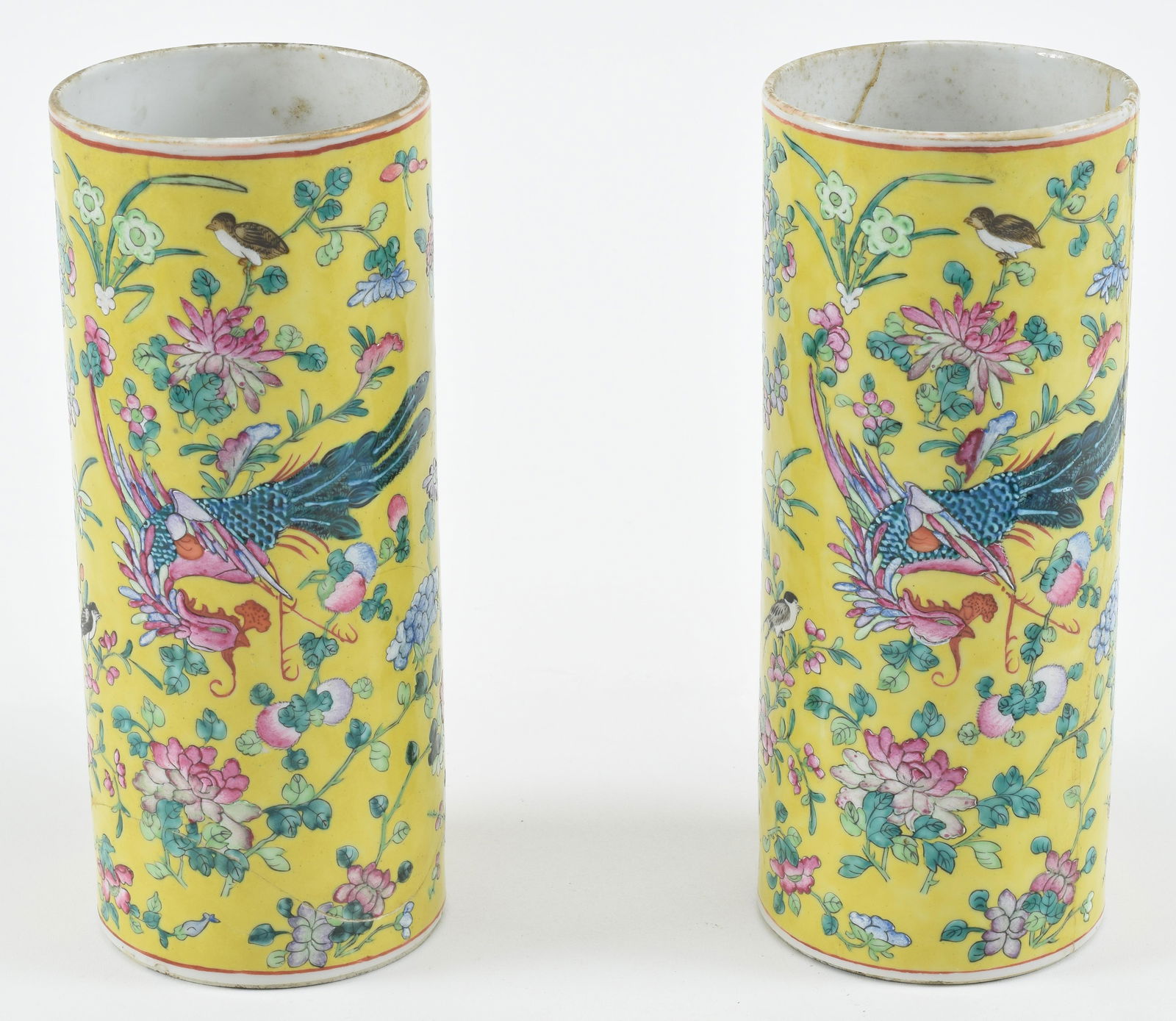 Pair of hat stands. China. 19th century. Cylindrical form with a yellow ground decorated with (1 of 6)