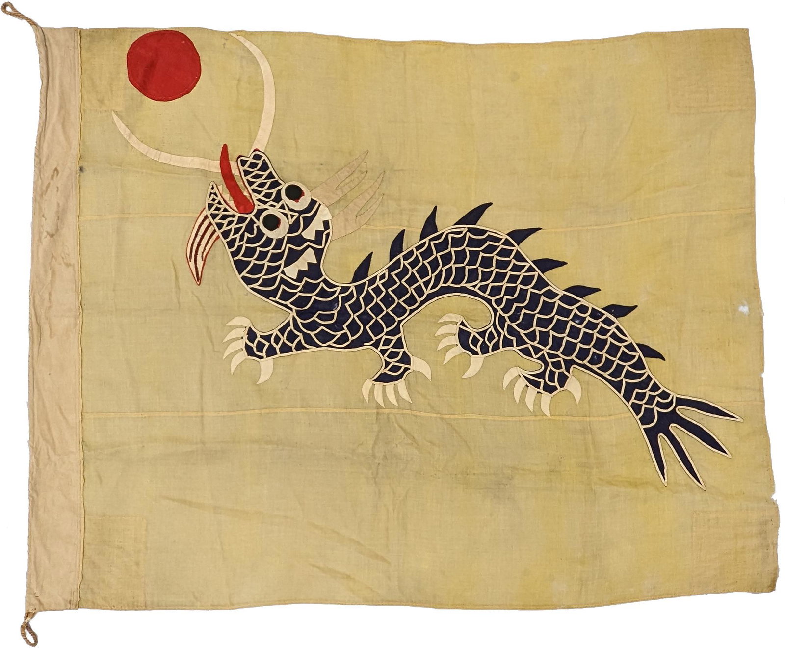Imperial flag. China. Ca. 1900. Pale yellow ground with appliqued dragon and sun motif.: Imperial flag. China. Ca. 1900. Pale yellow ground with appliqued dragon and sun motif. 54 x 67 inches Provenance: The Walter M. and Winifred B. Bush collection.