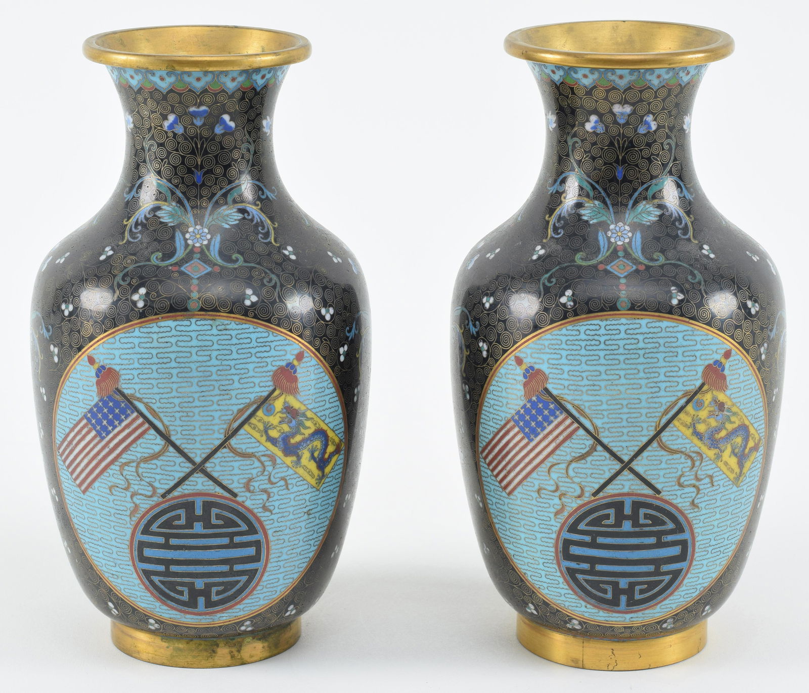 Pair of cloisonne vases. China. Ca. 1900. "Great White Fleet" decoration of f footrim. (1 of 8)