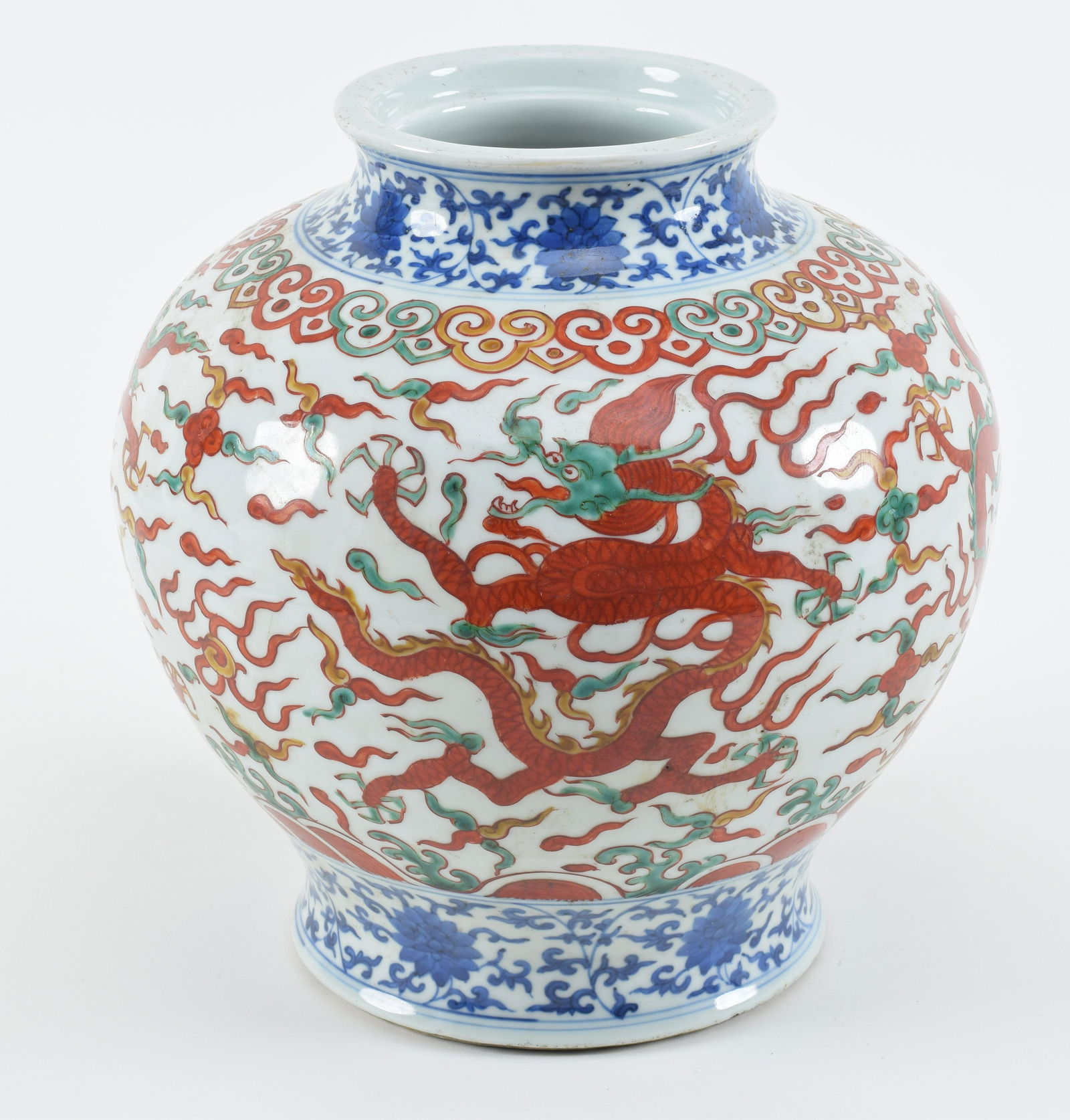 Porcelain jar. China. 19th/20th century. Baluster form. Wu Tsai ware with dragons and pearls. 10.5 x (1 of 7)
