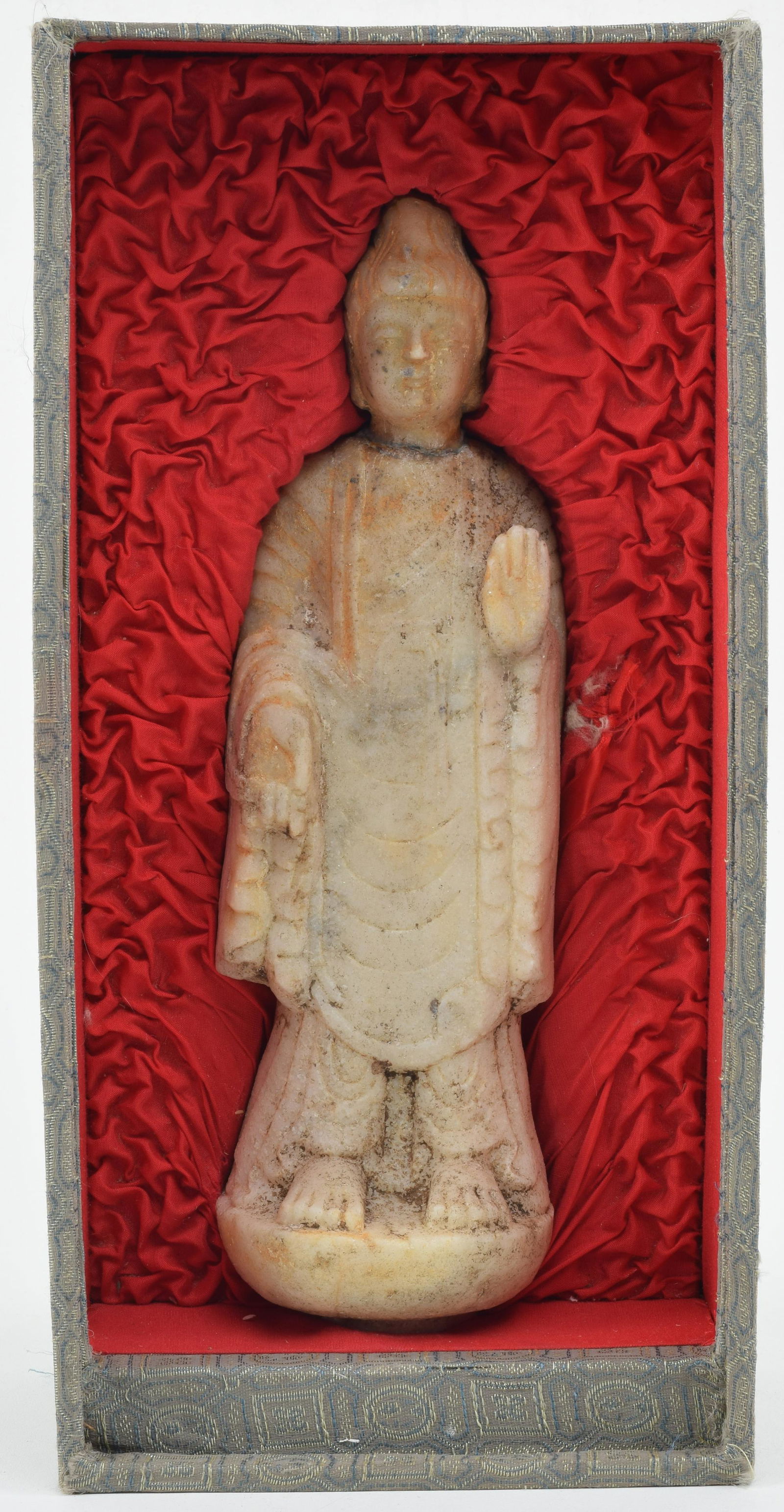 Carved marble buddha. China. 19th century or earlier. Standing figure. Boxed. 12.5in high. (1 of 5)