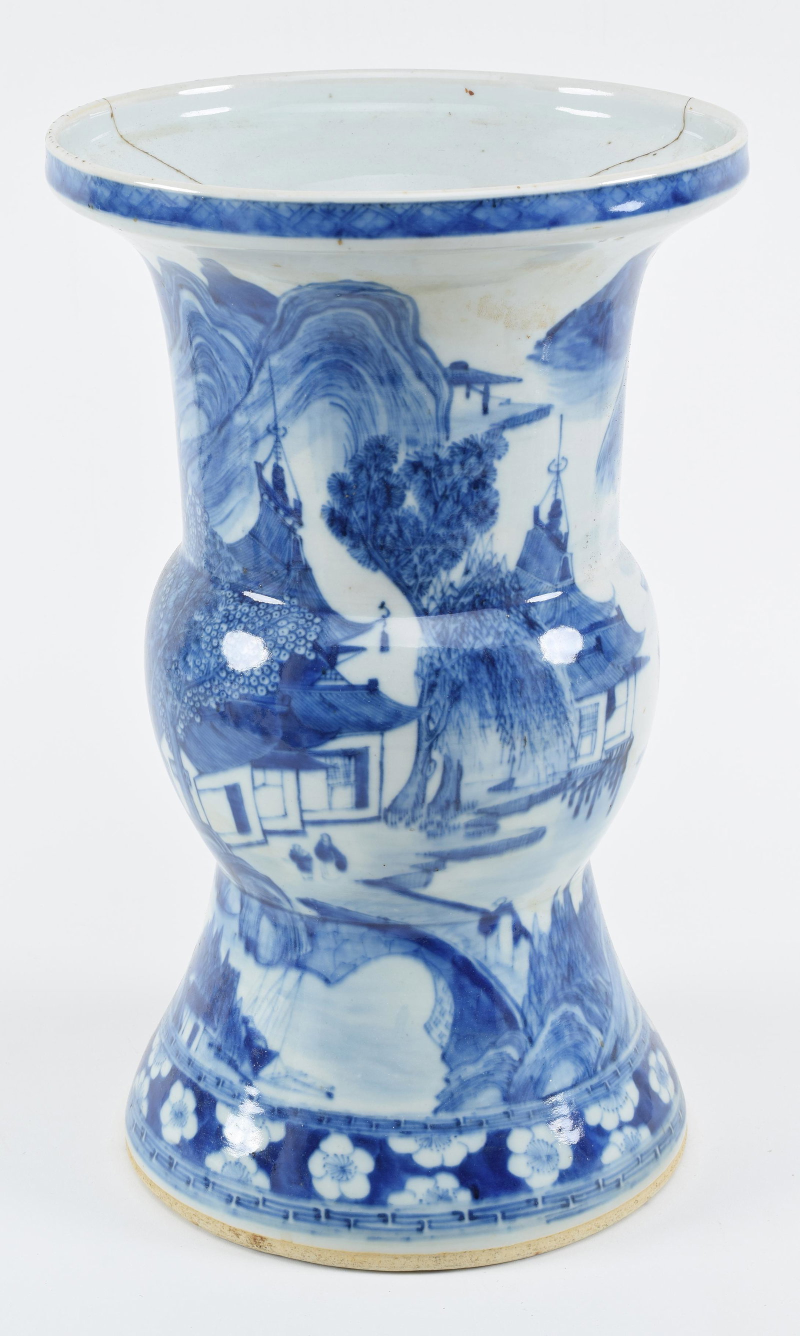 Porcelain vase. China. 19th century. Tsun beaker form. Underglaze blue landscape decoration. Crack.: Porcelain vase. China. 19th century. Tsun beaker form. Underglaze blue landscape decoration. Crack. 16in H.