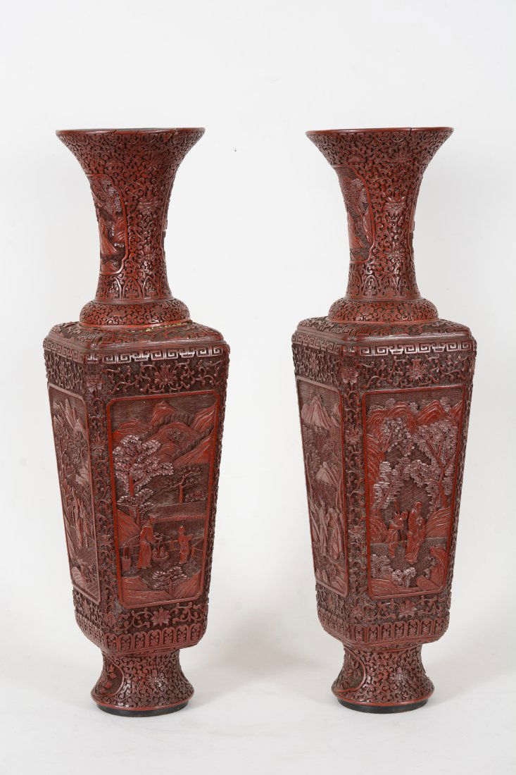 Pair of large cinnabar vases. China. 19th century. Square body with trumpet mouths. Surface carved (1 of 11)