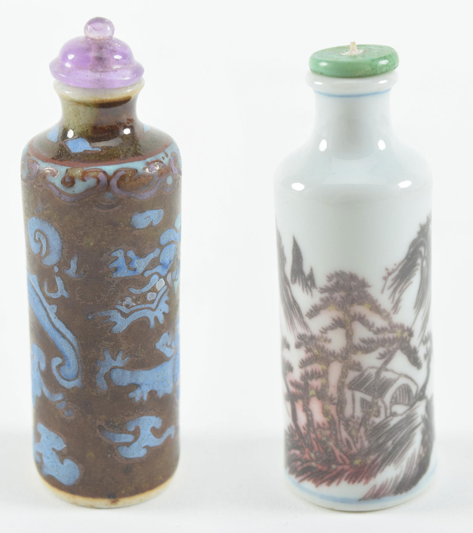 2 Porcelain snuff bottles. China. 19th century. Cylindrical form. Brown with overglaze blue dragons (1 of 11)