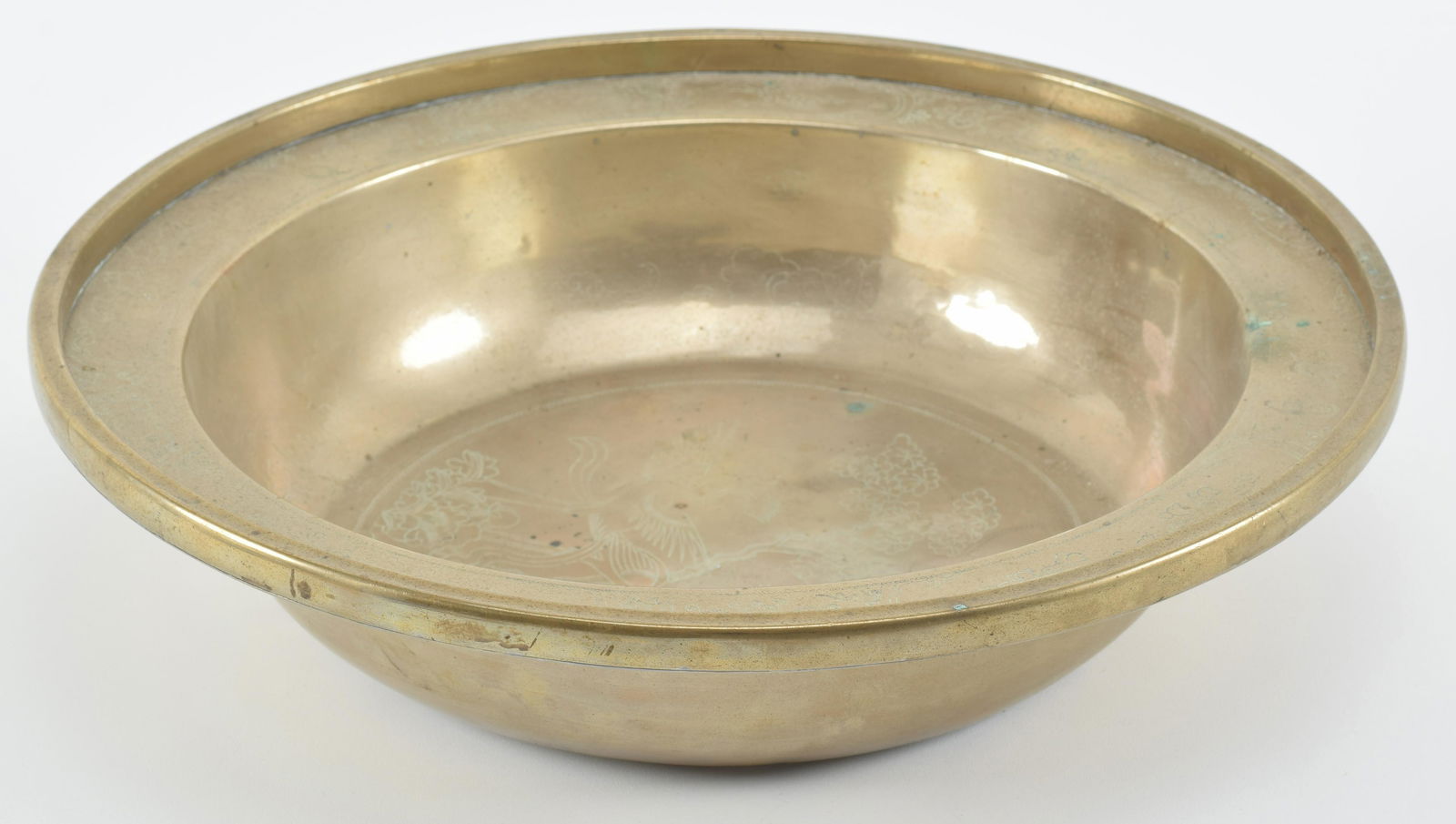 Bronze basin. China. 19th century. Surface engraved with phoenixes. 14in diameter. (1 of 8)