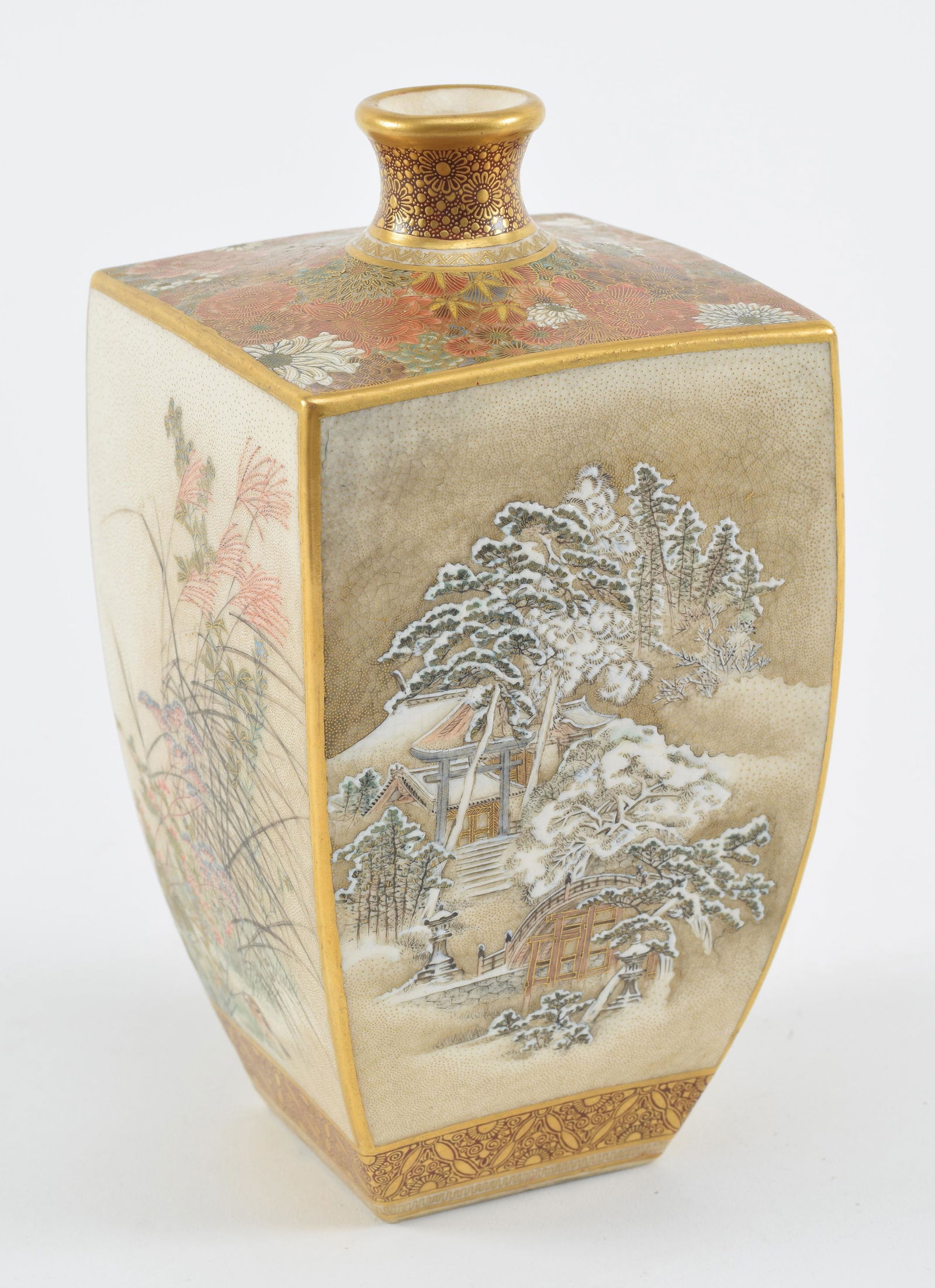 Stoneware vase. Japan. Meiji period (1868-1912). Square form with 4 panels of landscapes. Mille (1 of 7)