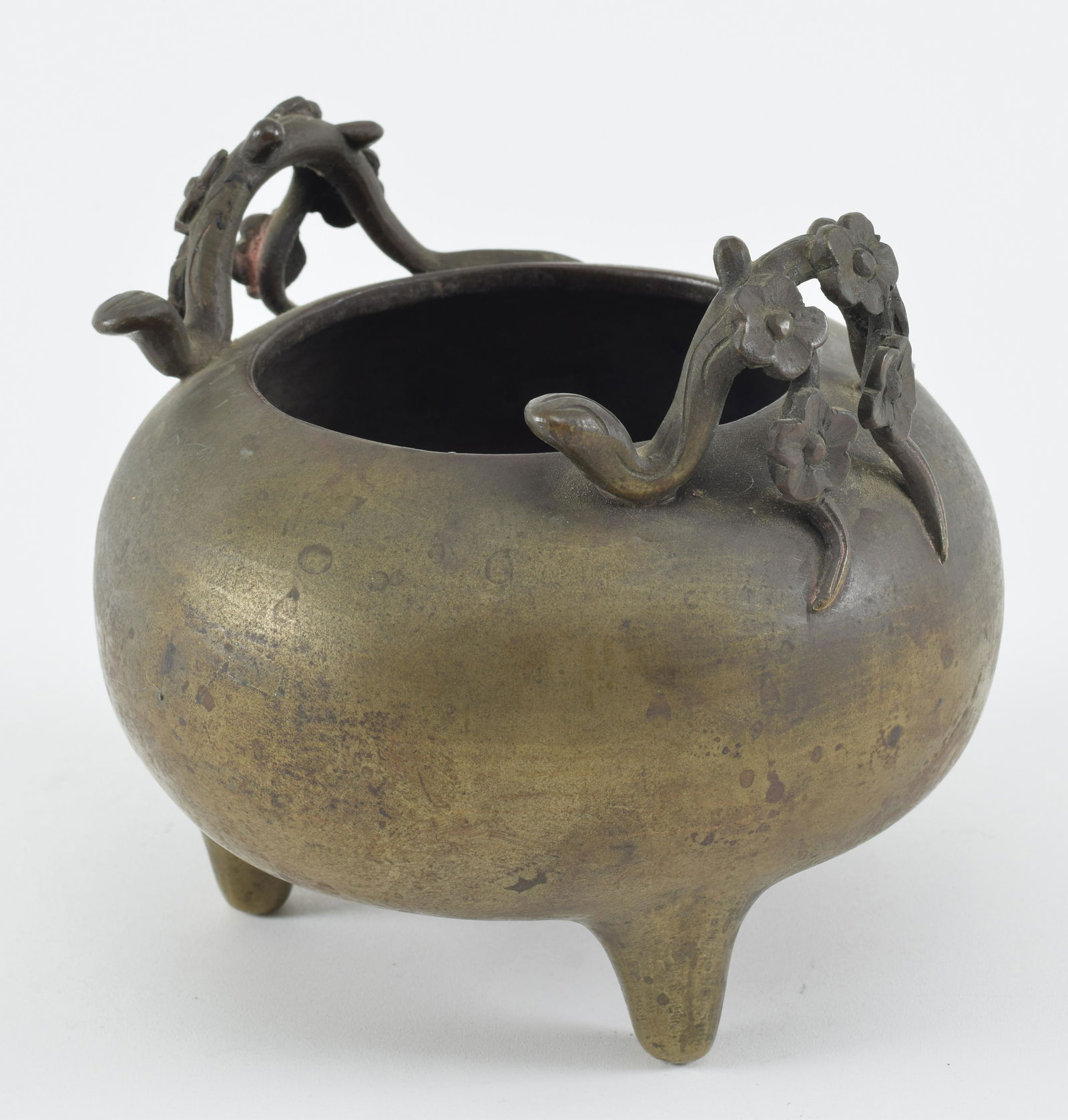Bronze censer. China. 19th century. Tripod base. Prunus handles. Hsuan Te mark. 6 x 5.5in. (1 of 7)