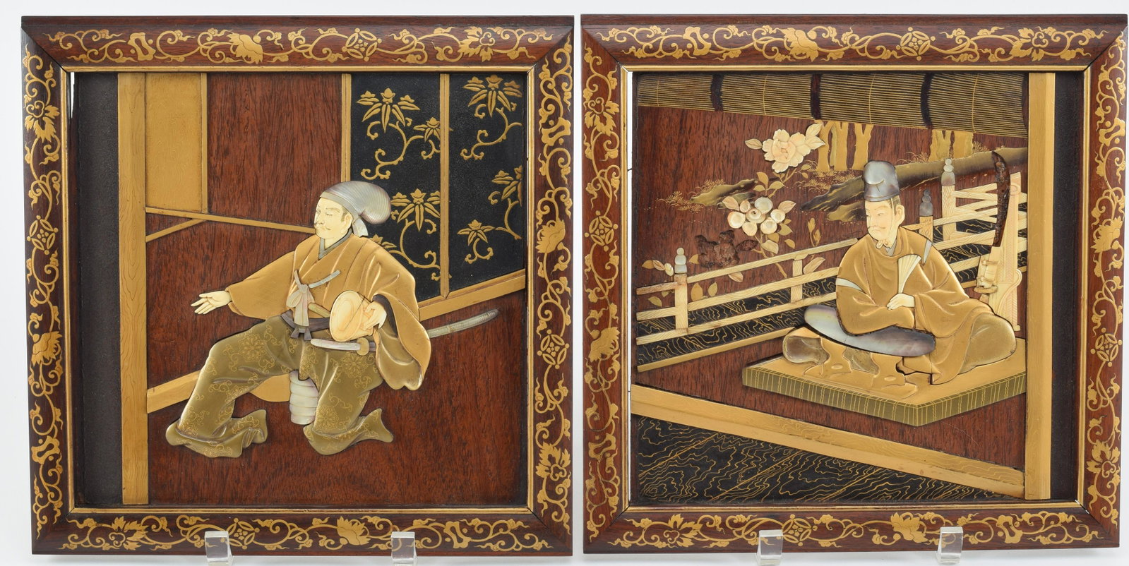 Pair of panels. Japan. Meiji period (1868-1912). Shibayama work with courtiers. Fine lacquer work.: Pair of panels. Japan. Meiji period (1868-1912). Shibayama work with courtiers. Fine lacquer work. 11 x 11in. Some losses.