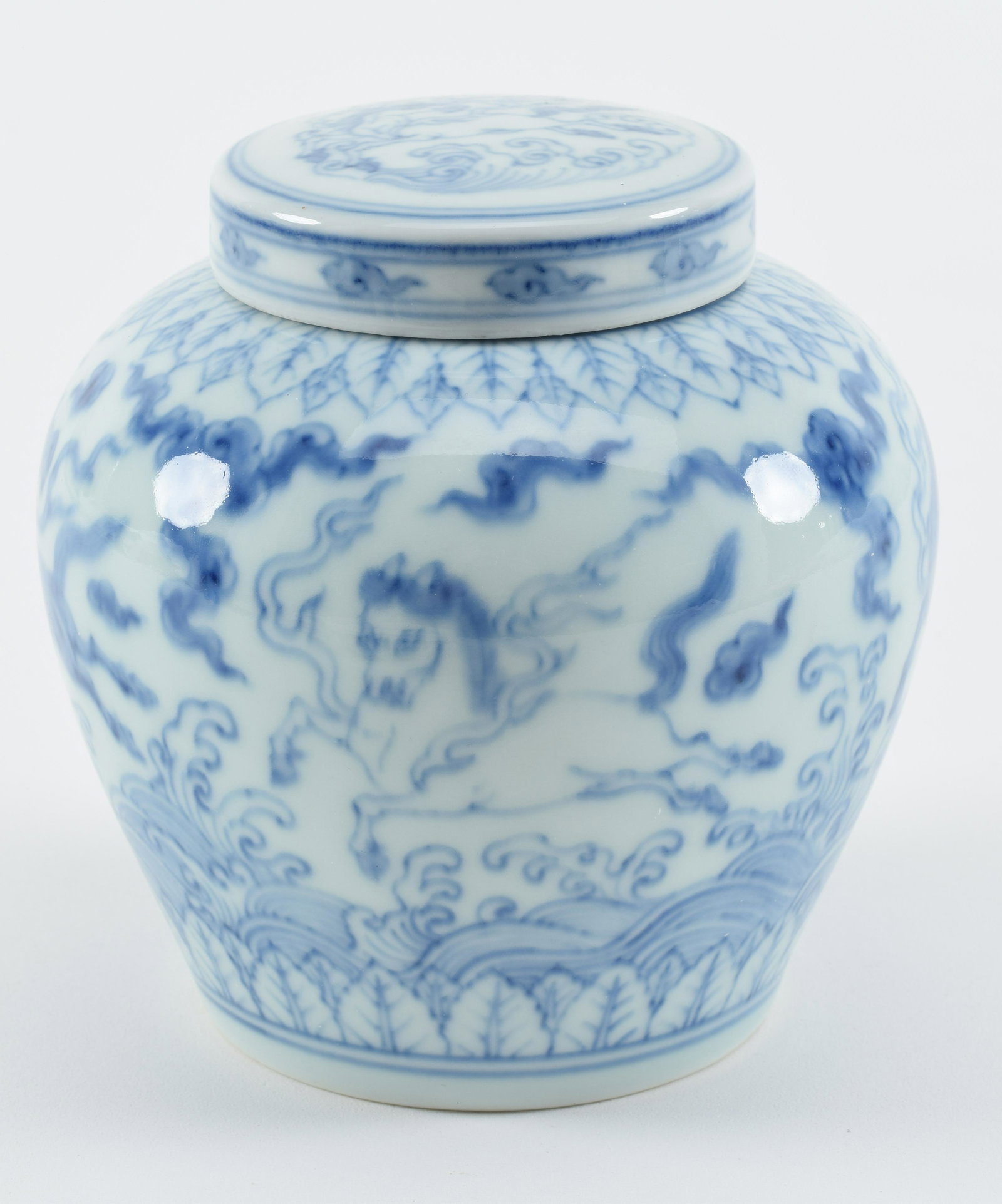 Porcelain covered jar. China. 20th century. Tou Tsai ware with mythical animals. Tien "Heaven" mark.: Porcelain covered jar. China. 20th century. Tou Tsai ware with mythical animals. Tien "Heaven" mark. 5in H.