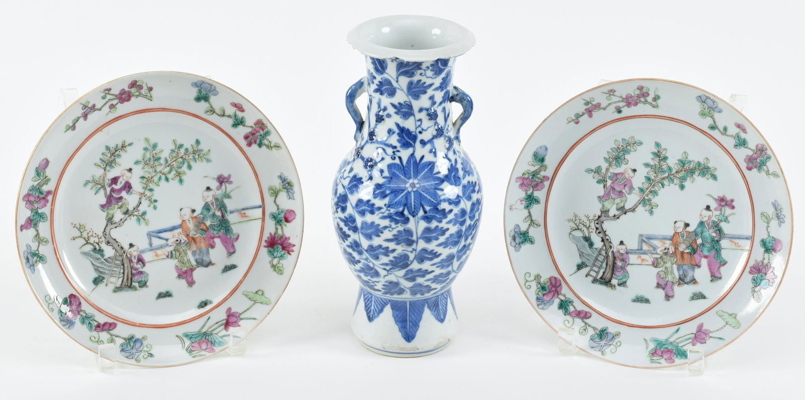 Lot of 3 porcelains. China. 19th century. To include: a pair of famille rose plates. 8.5in diameter. (1 of 6)