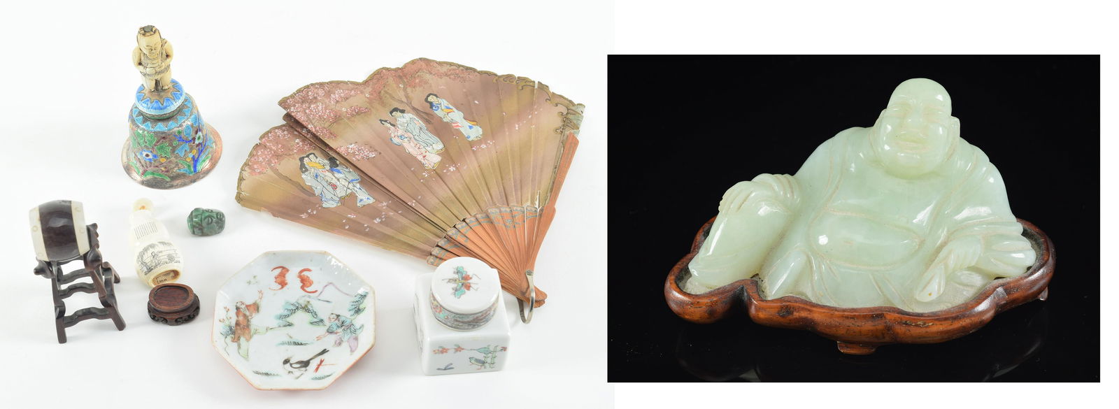 Lot of assorted items. To include: a pre-columbian jade head, a bell, jade buddha, snuff bottle, a (1 of 11)