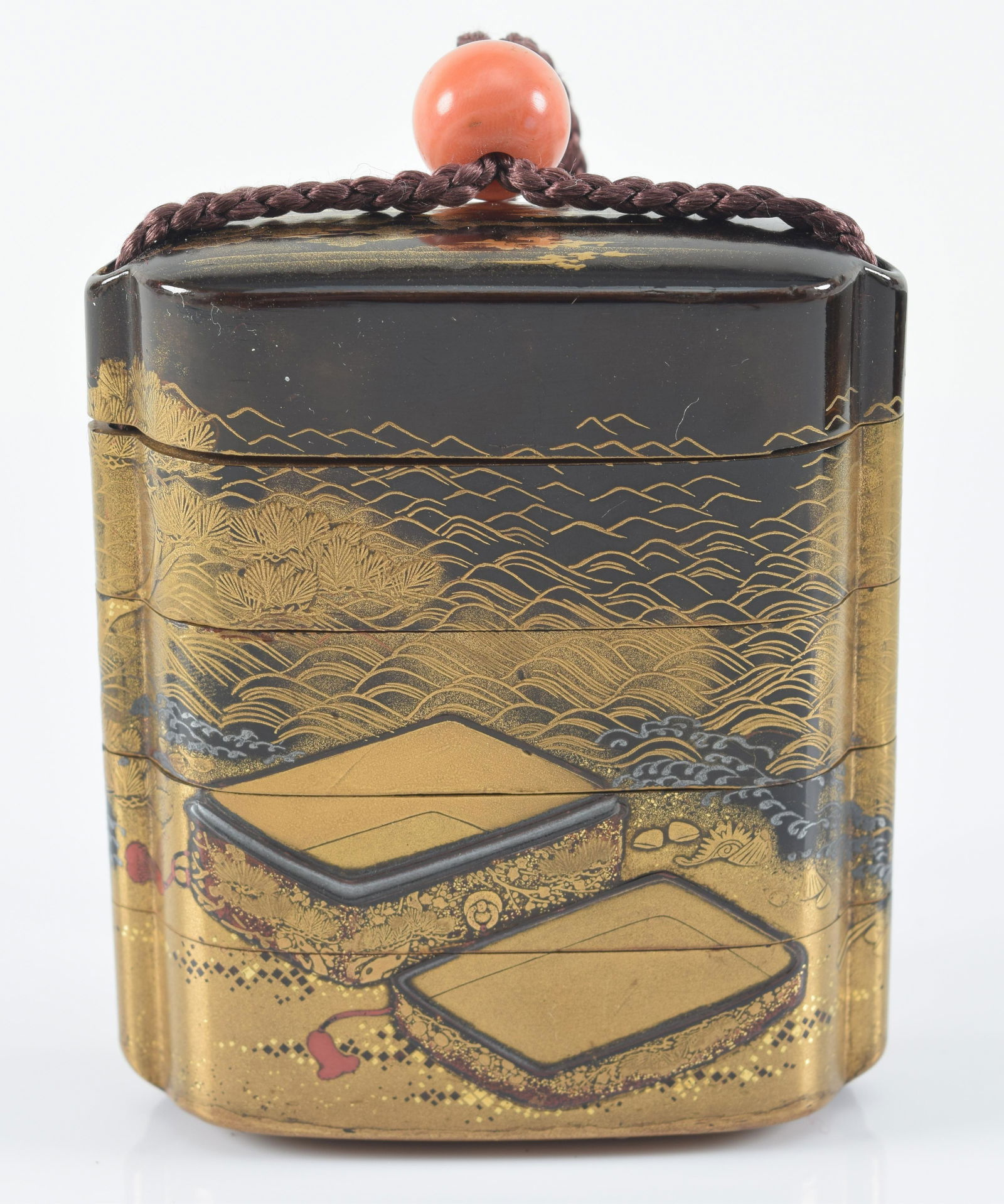 Inro. Japan. 19th century. 4 compartment type. Black lacquer with gold and silver inlay of an open (1 of 6)