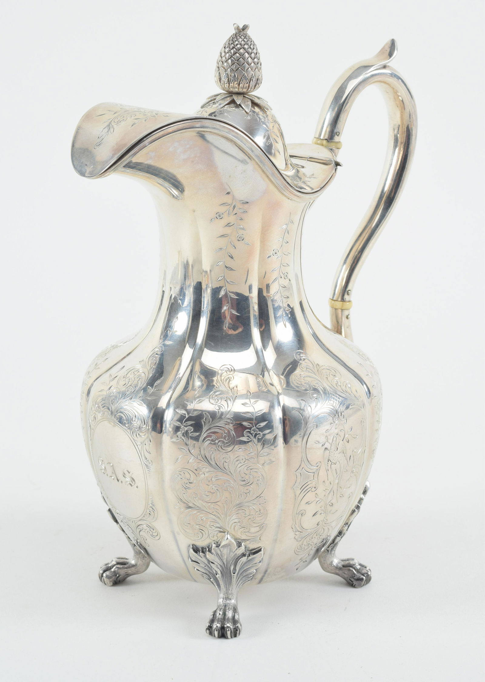 Harris Stanwood & Co. American coin silver coffee pot, ca. 1846, Boston. Engraved floral scrollwork (1 of 9)
