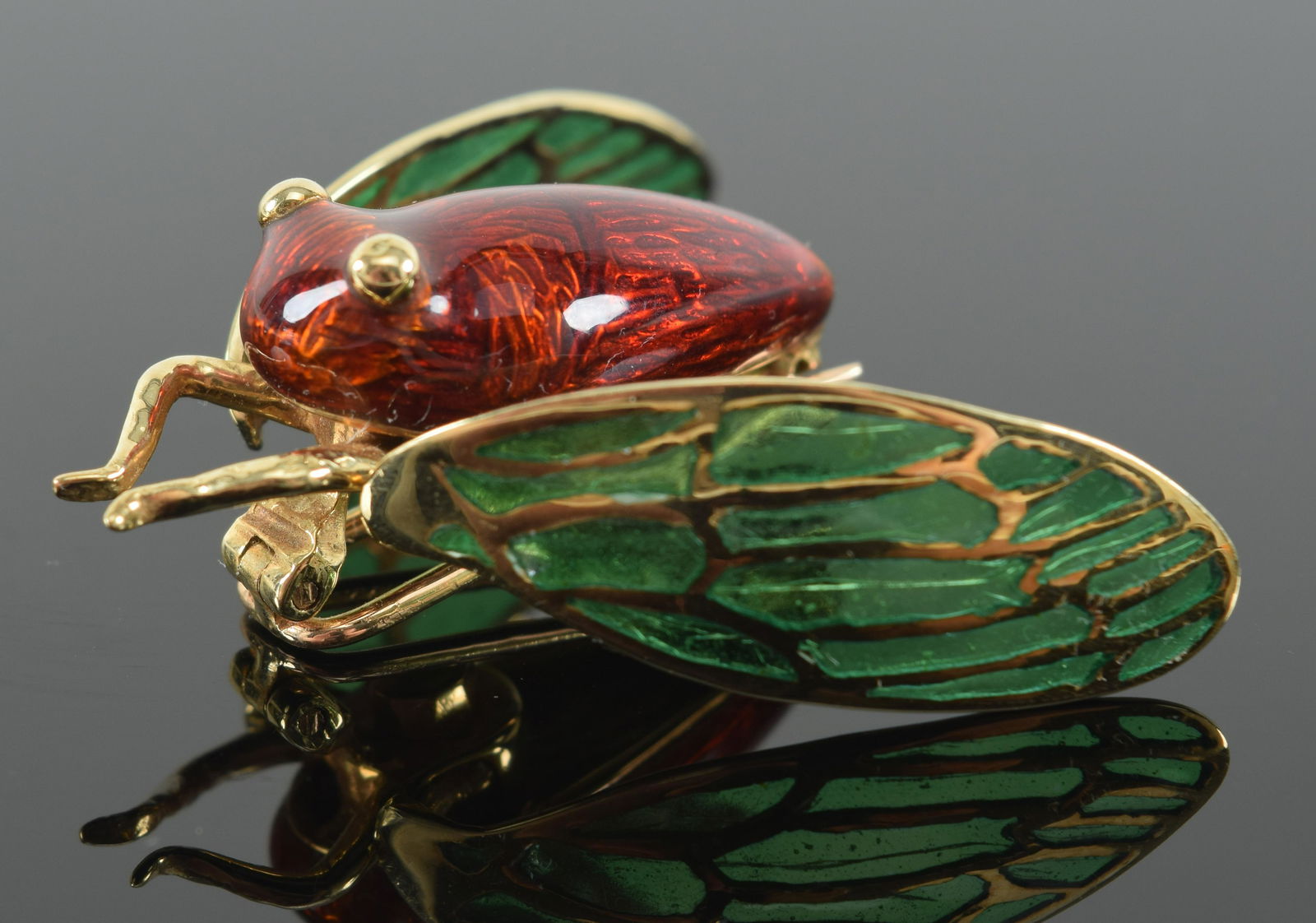 14K gold heavy plique-a-jour winged insect form pin. Enameled body with adjustable wings. Marked (1 of 6)