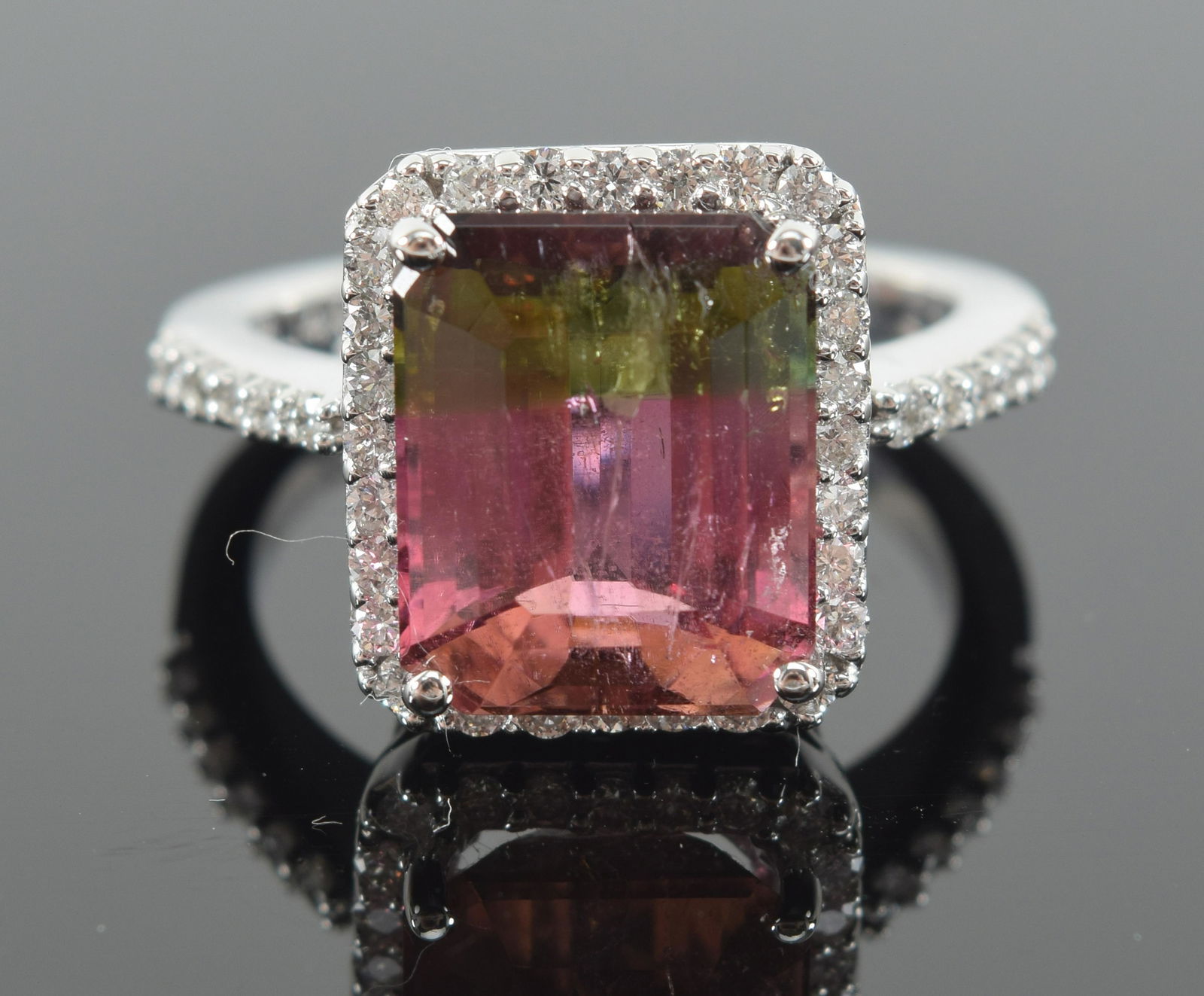 14K watermelon tourmaline and diamond ring. 10.9 x 9mm cut tourmaline surrounded by tiny cut (1 of 7)
