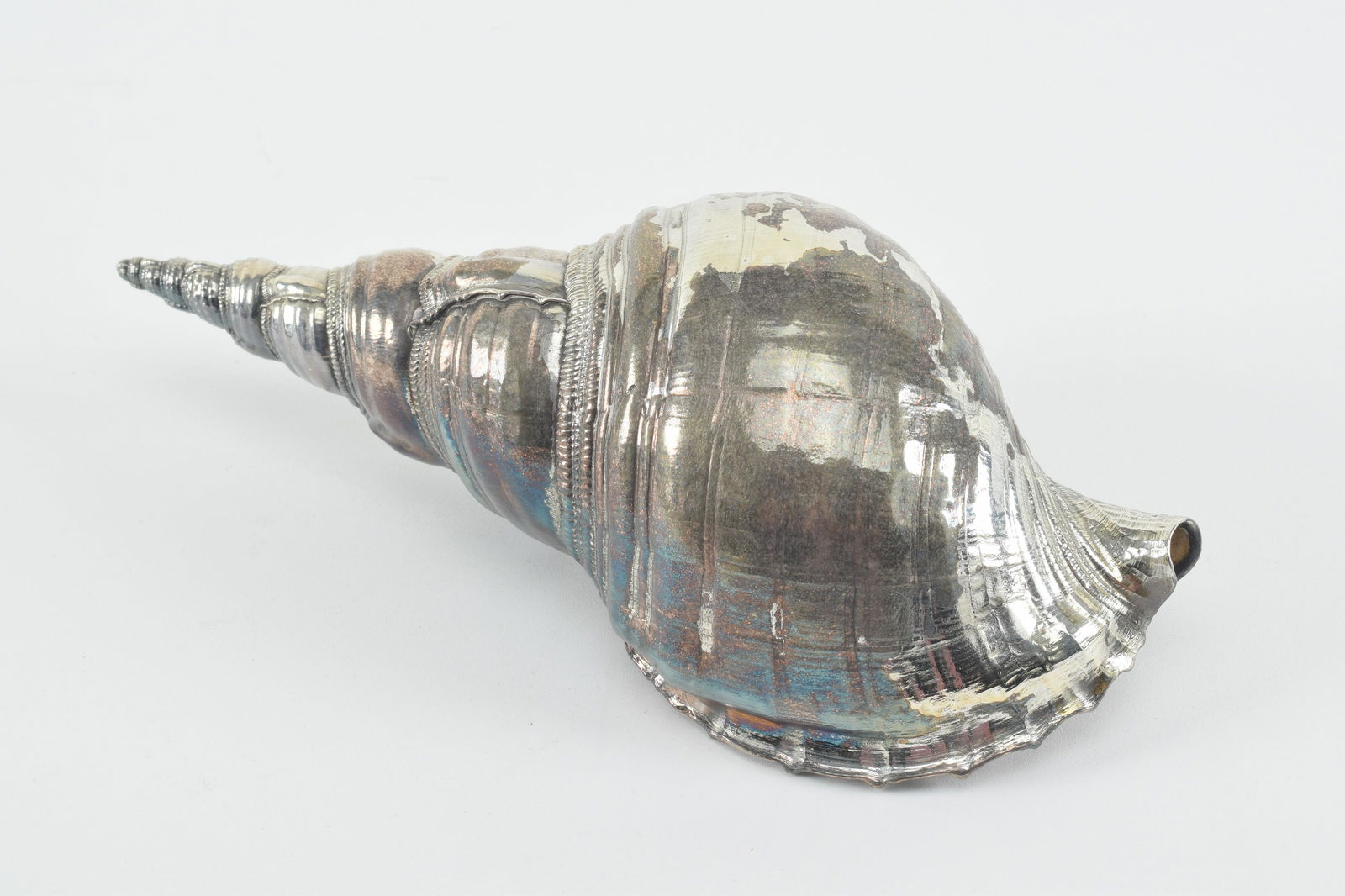 Conch shell having silver overlay and exposed shell on underside. Marked on small disc. Tarnish. (1 of 5)