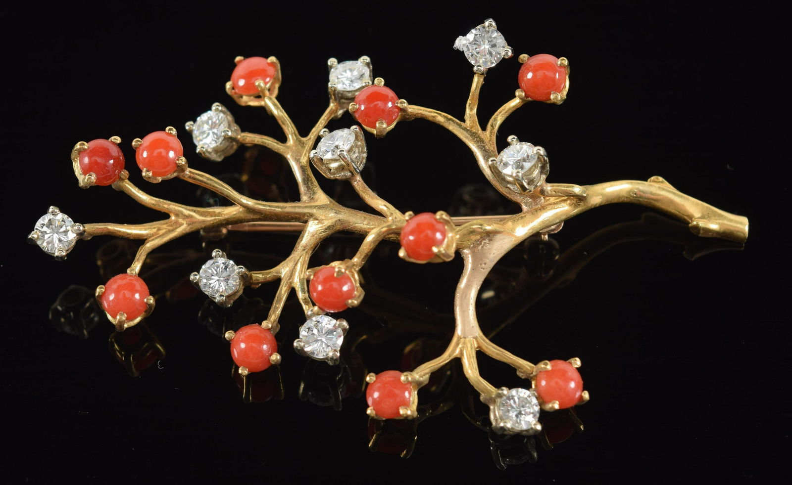 18K Gold, coral, and diamond brooch; the tree-form brooch set throughout with round brilliant-cut (1 of 4)