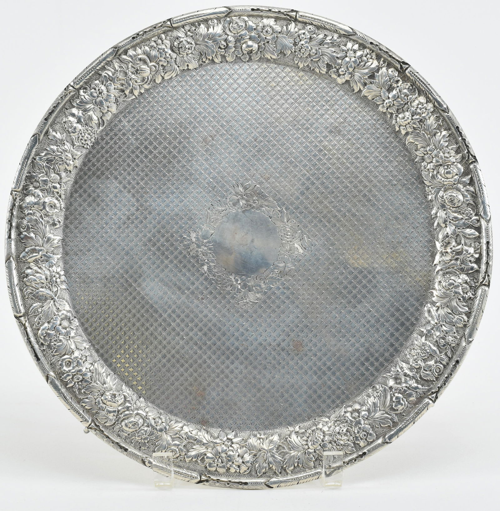 S. Kirk & Son ornate footed tray with floral repousse decoration and engraved geometric design. Ball (1 of 8)