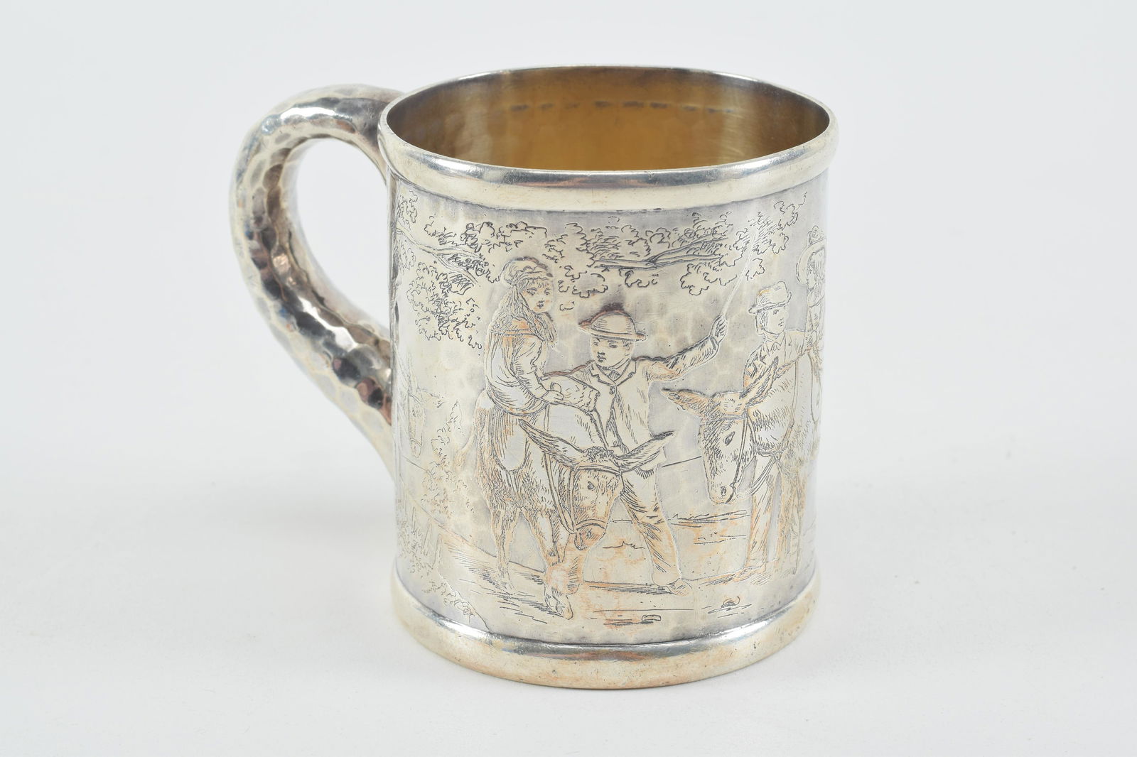1893 Tiffany & Co. sterling silver child's cup with scene of children riding donkeys on a hand (1 of 14)
