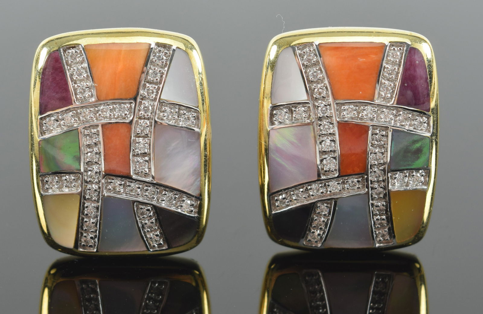 14K gold Asch Grossbardt heavy diamond, mother of pearl, and semi precious stone mounted earrings. (1 of 6)